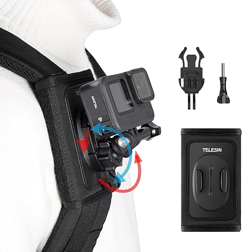 TELESIN 360 Backpack Mount Shoulder Strap Clip Holder Quick Release Adapter Base for GoPro Max 13 12 11 10 Insta360 X5 X4 Ace Pro 2, DJI Osmo Nano Action 6 5 Pro 4 3 Pocket 3 Bike Motorcycle Accessory