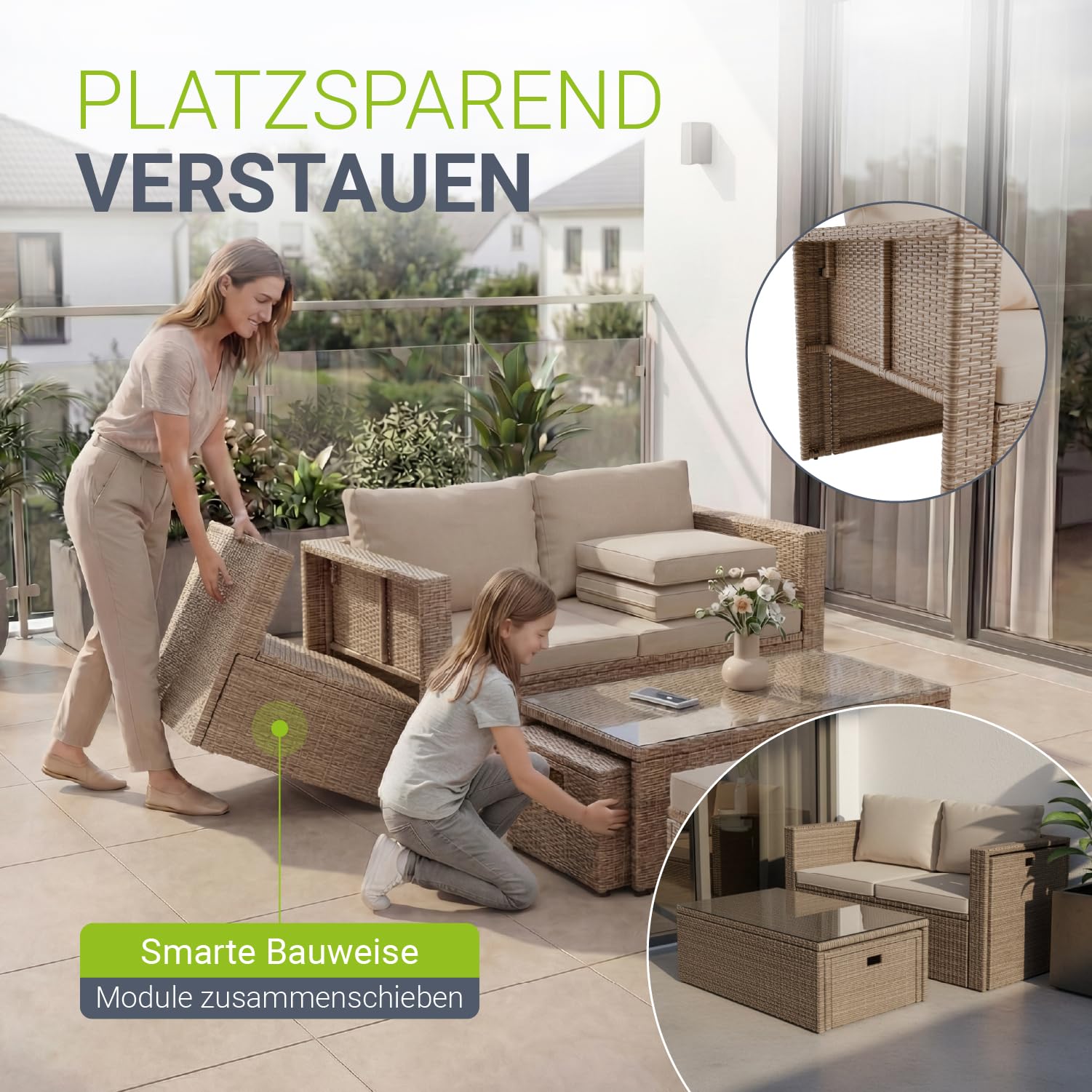 Juskys® Polyrattan Gartenmöbel Set Salou inkl. Abdeckung - Outdoor Lounge wetterfest 6 Personen - Sitzecke mit Tisch & Kissen für Garten, Balkon, Terrasse - Creme/Sand