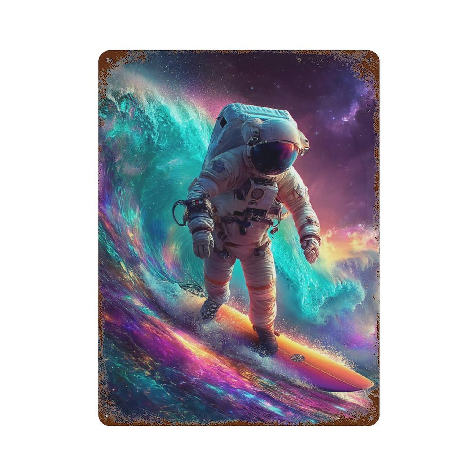 Cosmic Surfing Adventure Weathered Tin Sign 15.7"x11.8", Rustic Home Decor for Garage, Pub Or Kitchen