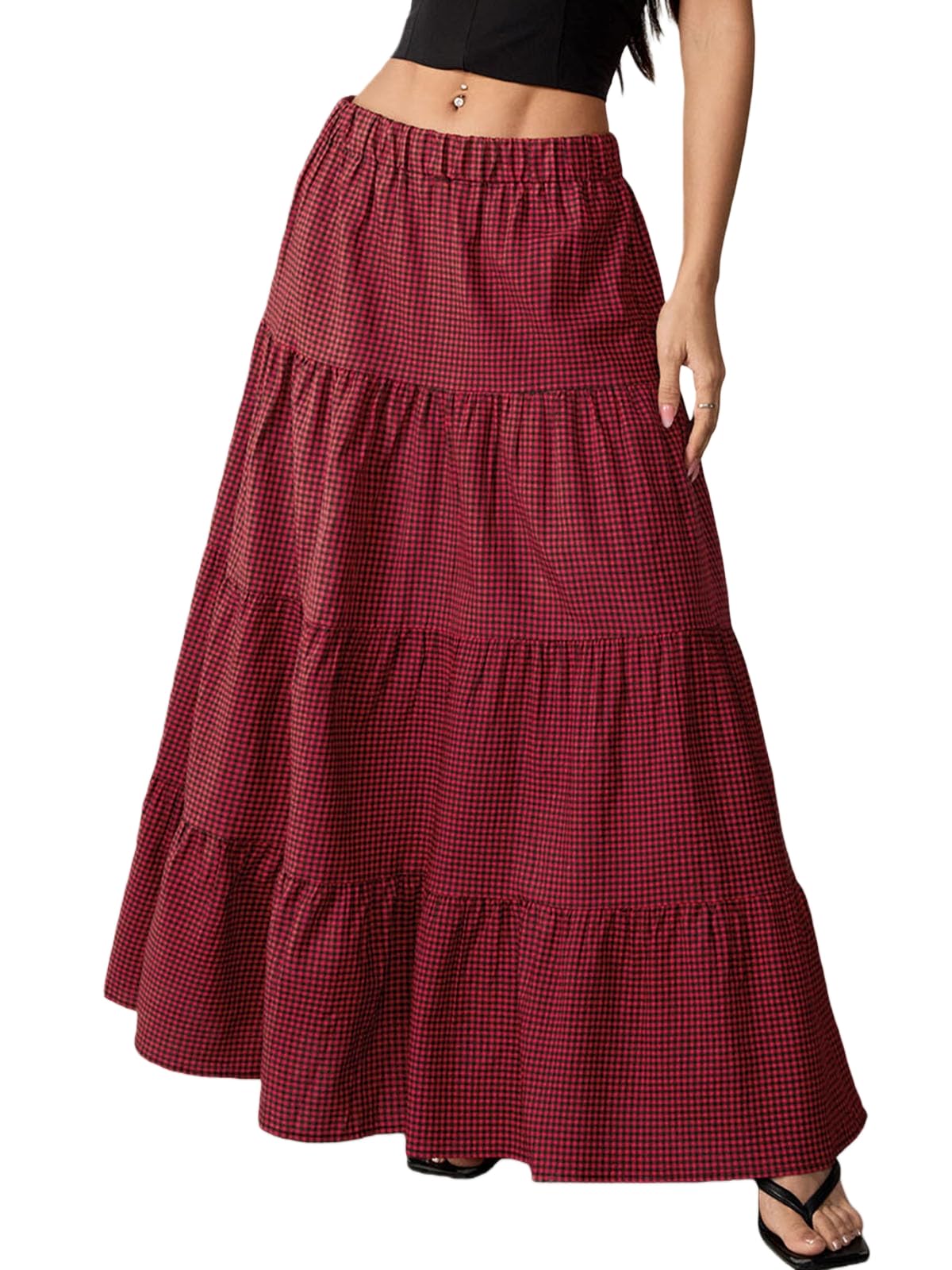 - Women's Plaid Maxi Skirt A-Line Ruffle Tiered Elastic High Waist Pleated Y2K Flowy Long Skirts