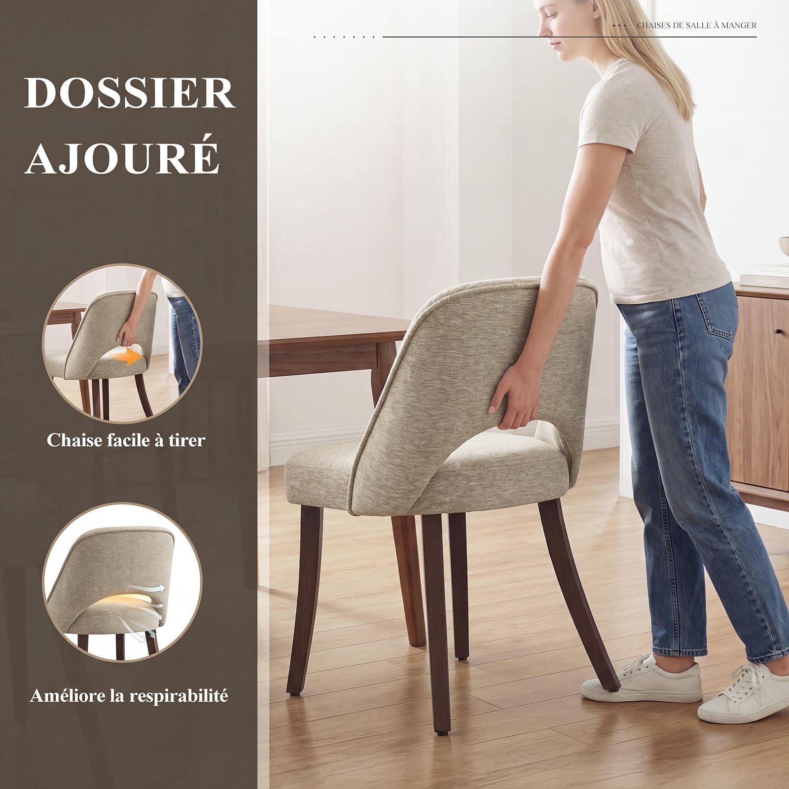 MALOL Lot de 6 chaises de Salle à Manger rembourrées en Tissu, Pieds en Bois Massif, Dossier incurvé et Assise épaisse en Mousse Haute densité, Design Moderne pour Cuisine et Salle à Manger, Kaki