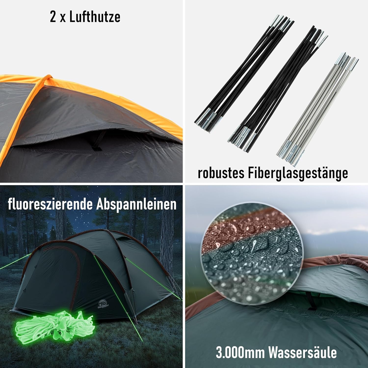Campingzelt 3-4 Personen (doppelwandig) – leicht, stabil, wasserdicht | verdunkelter Innenraum, Moskitonetz, Fluoreszierende Abspannleine, verstärkte Heringe, Vorraum mit Bodenplane inkl. Tragetasche