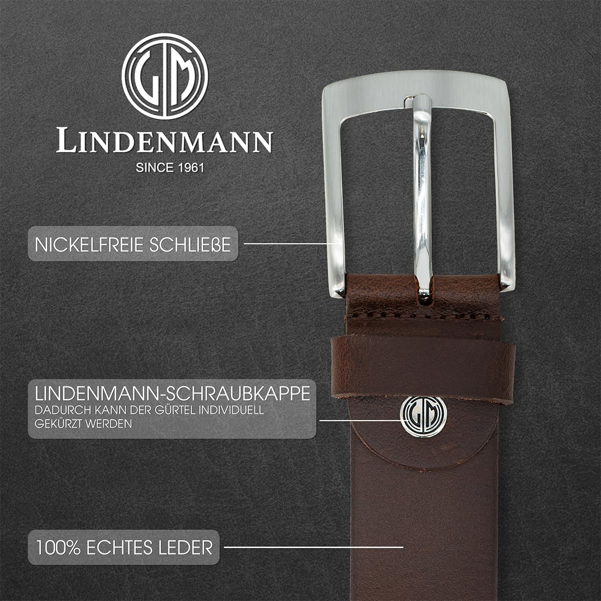 Lindenmann ceinture homme de cuir de buffle, 40 mm large et 3,8 mm fort, ajustable, ceinture, ceinture de cuir, ceinture pour jeans, XL, noir/marron foncé