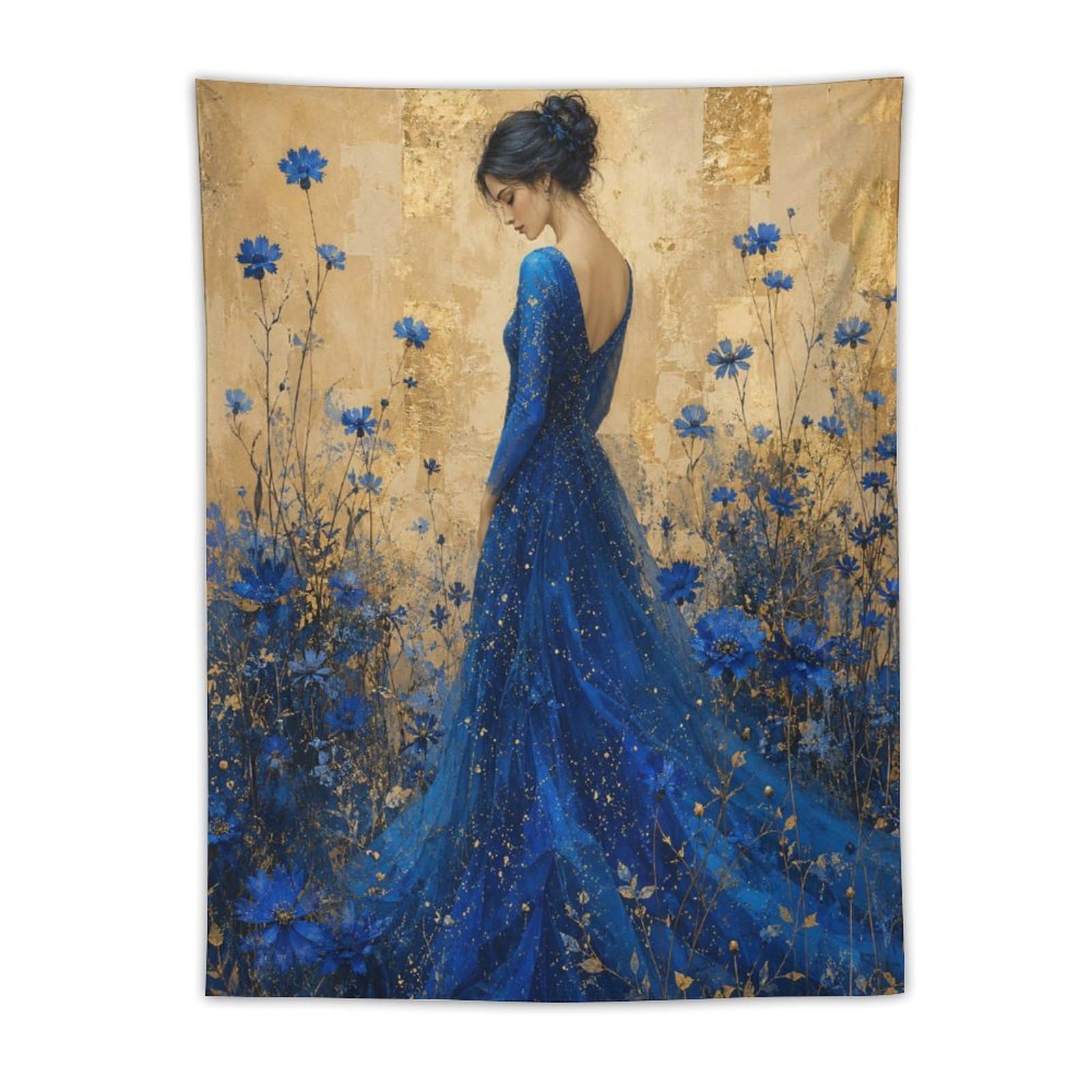 H3B8U2Y5 Blue Dress Woman Flower Field Wall Tapestry, Impressionist Meadow