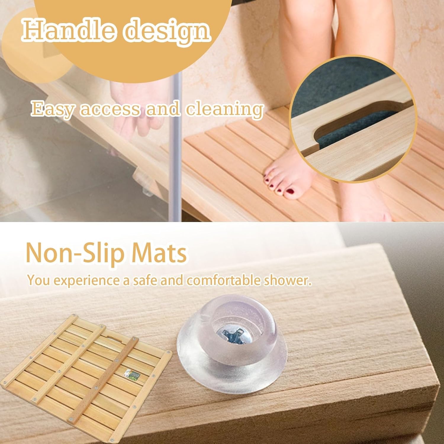 Solid Wood Bath Mat for Shower, 20 24 26 28 30 32 34 36 Inch Long Bathroom Drain Board, Water Proof Bathtub Mat with Non-Slip Foot Pads ＆ Handle (Size : 36x42in(91x107cm))