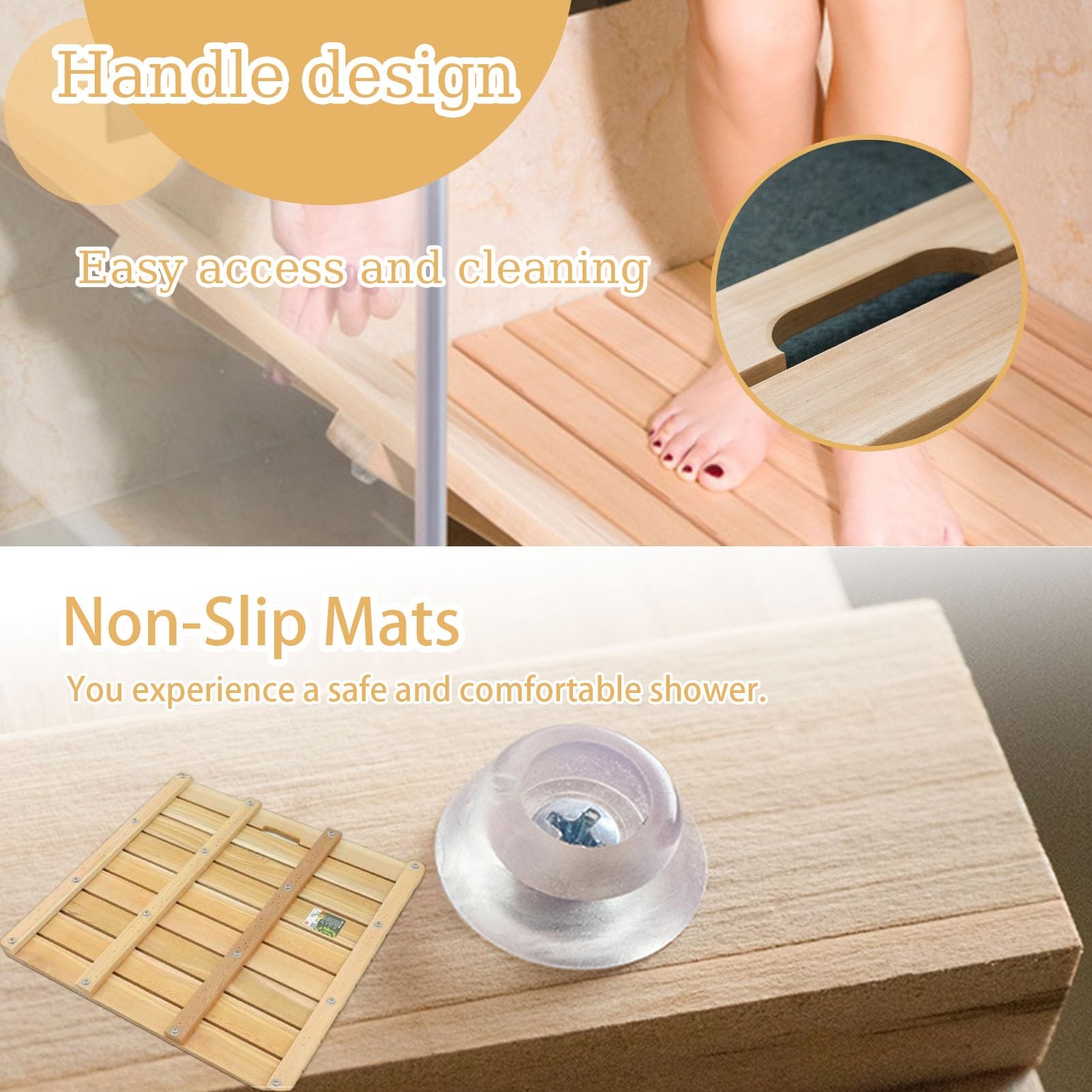 Alfombrilla de ducha de madera con almohadillas antideslizantes y asa, tamaño personalizable para una tabla de drenaje de baño estable (20 x 30 pulgadas)