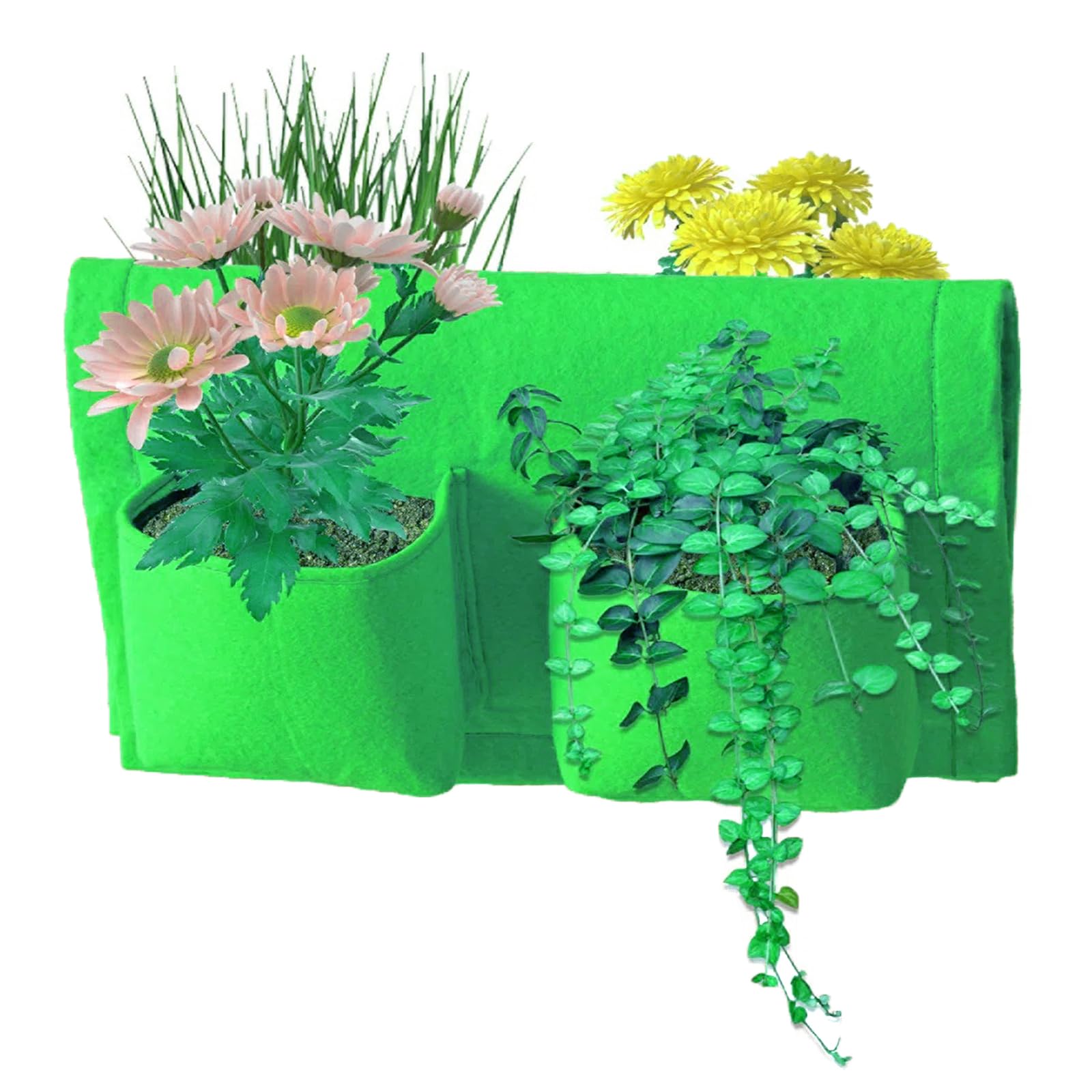 Miewslan Hanging Railing Grow Bag, 4 Pocket Vertical Planter Garden Plant Hanger Grow Bags, Both Sides Fence Fabric Hanging Planter Bag for Salads, Herbs, and Flowers (Green)