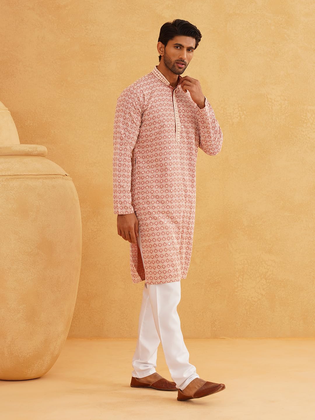 Sojanya (Since 1958 Men's Cotton Gold Embroidered Sequinned Peach Kurta With White Churidar Pyjama