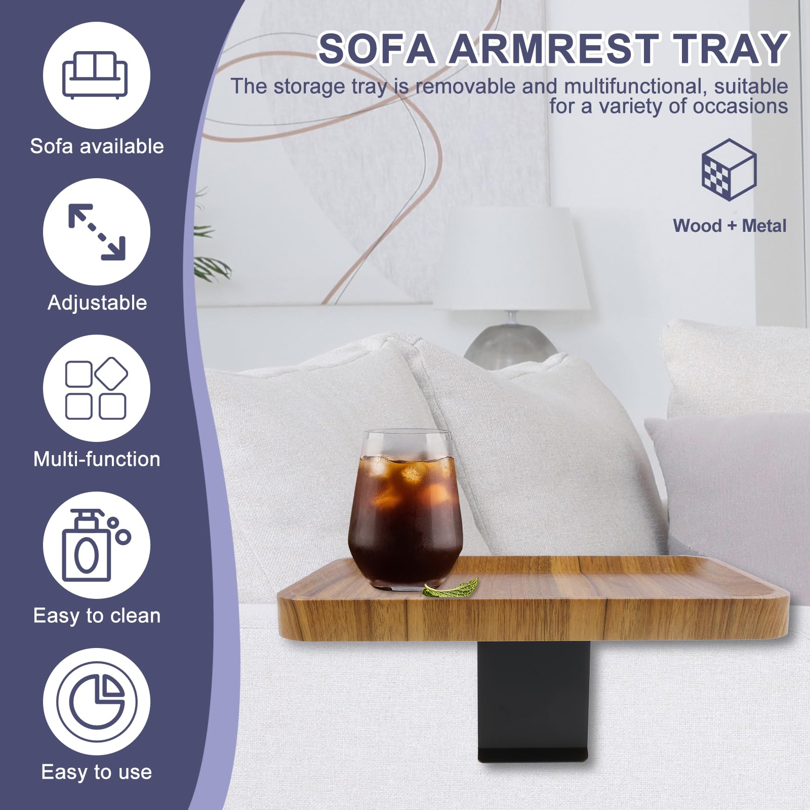 Mesa ajustable para reposabrazos de sofá, 5,5-15 cm de ancho, mesa auxiliar multifuncional de madera, organizador de reposabrazos para bebidas y aperitivos, esencial para la sala de estar