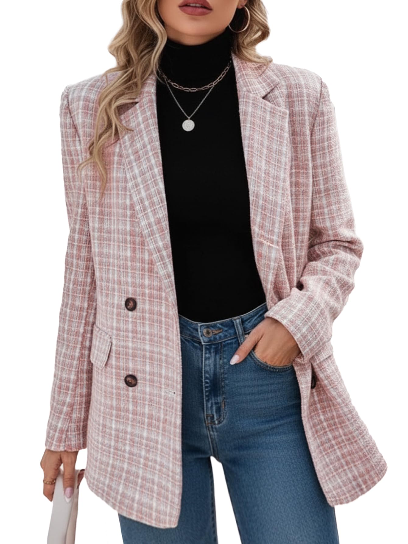 mina self Plaid Tweed Blazer for Women Double Breasted Open Front Casual Work Office Jacket with Pocket (S-XXL)-picture-30