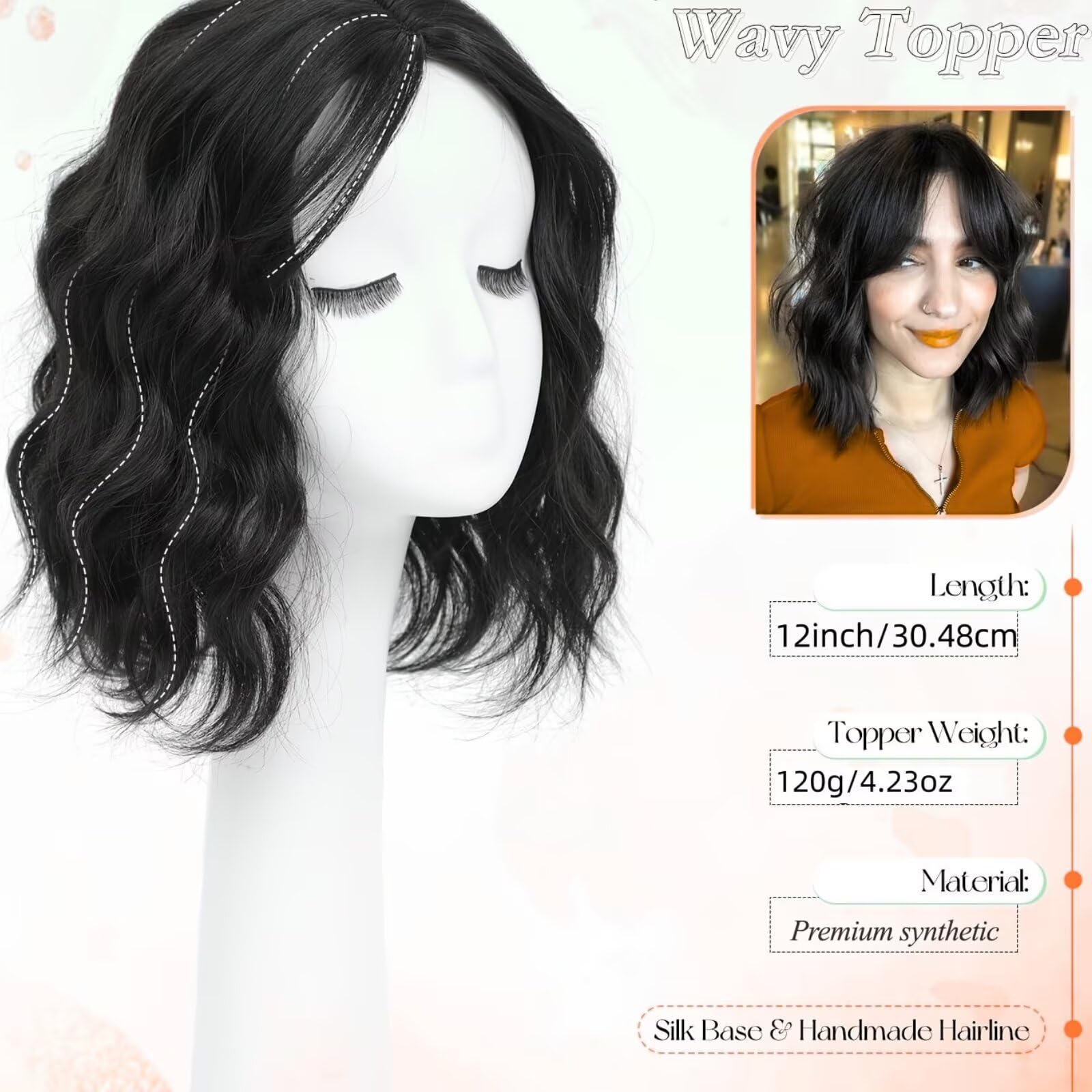 Cabezal rizado de 30 cm, ondulado, con clip, para mujeres con cabello fino, castaño oscuro ceniza con reflejos (P8/16#)