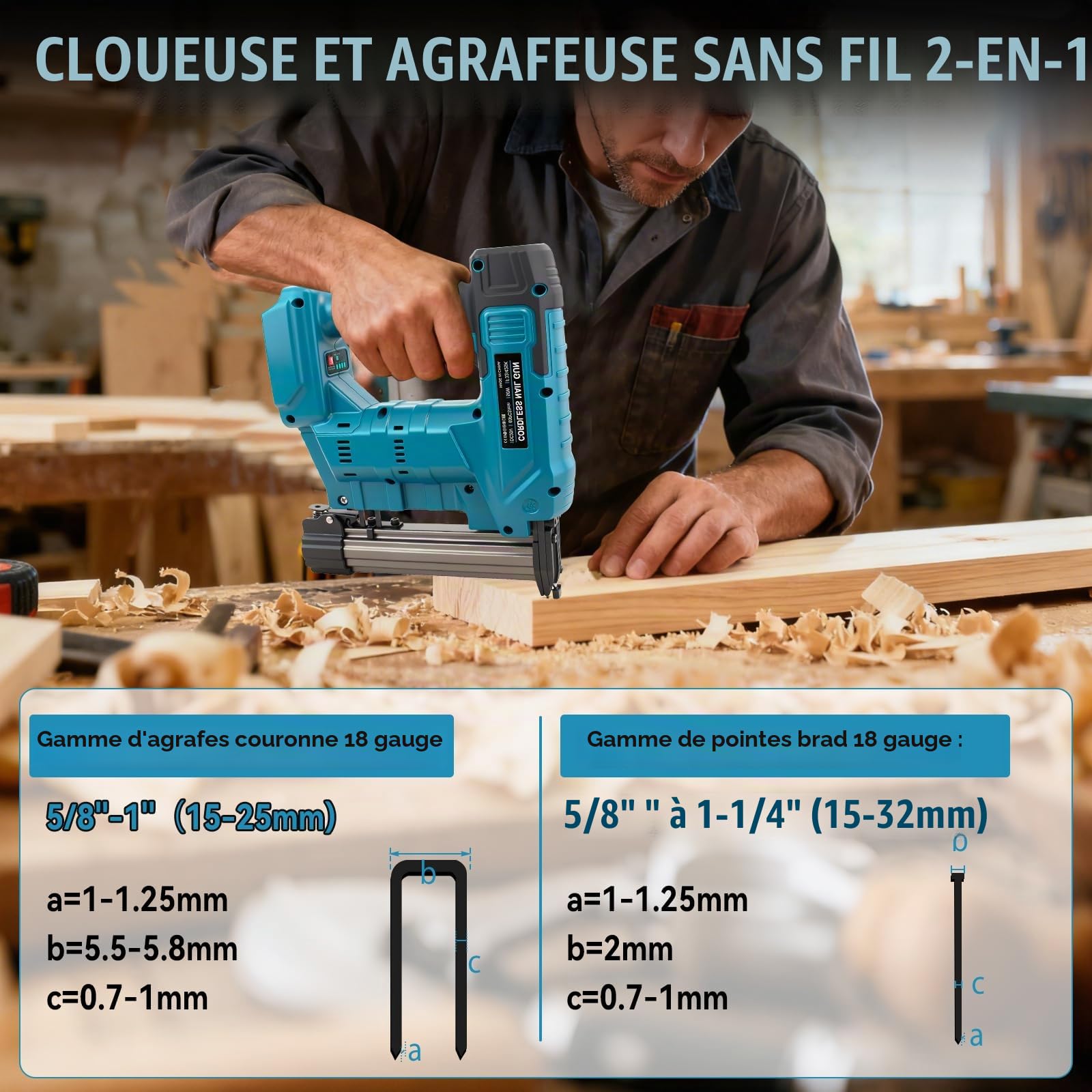Cloueuse sans fil pour Makita 18V batterie, 2 en 1 Pistolet à Clous Électrique 18GA agrafeuse sans fil avec 1000 clous et 1000 agrafes pour l'amélioration de la maison et le travail du bois