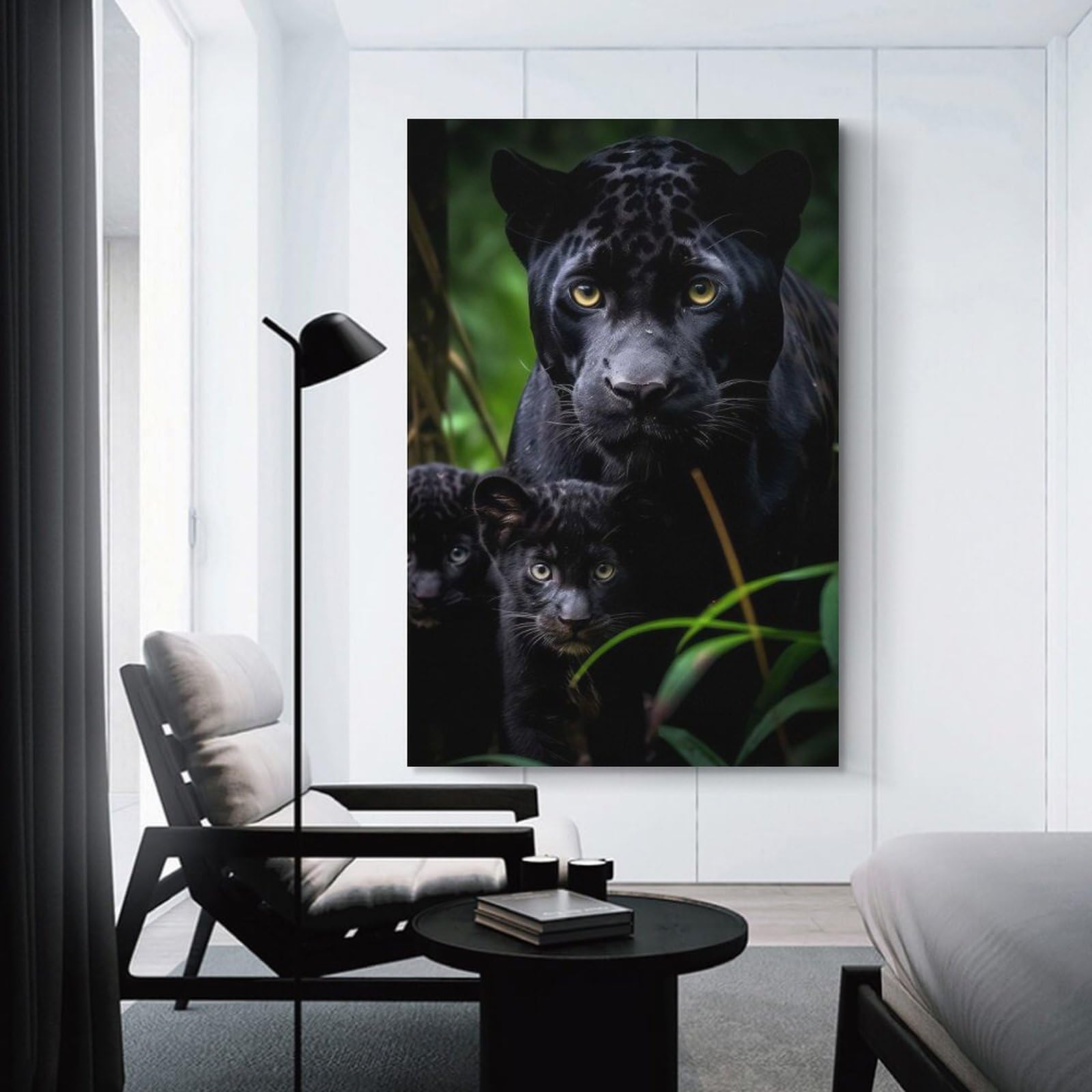 Junmoney Hanging Wall Art Black Panther With Cubs, 20x30inch(50x75cm), for Contemporary Homes, Apartments Or Offices, Stylish Wall Art for Fresh Spaces