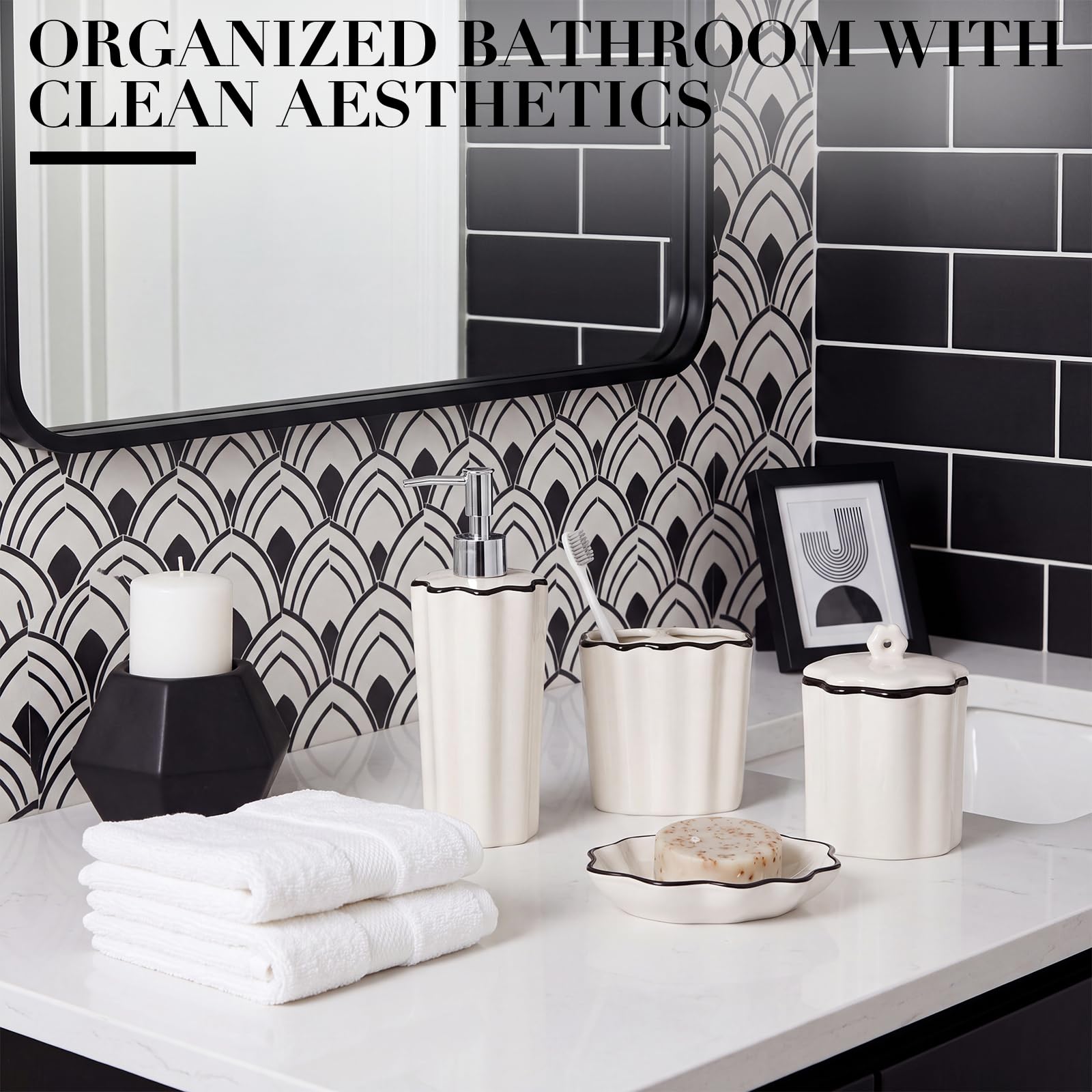 Zhehao 4-teiliges Badezimmer-Zubehör-Set aus Keramik, mit Zahnbürstenhalter, Seifenspender, Seifenschale, Wattestäbchen, Badezimmer, Arbeitsplatten-Organizer (schwarz)