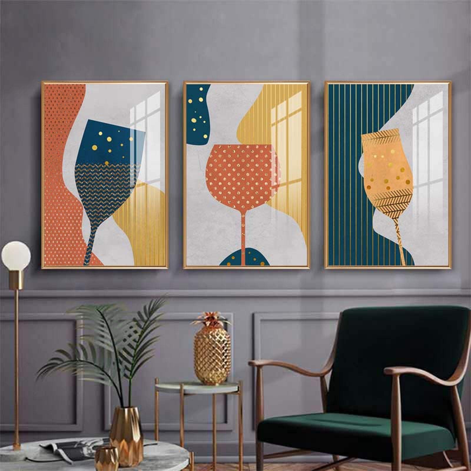 Yooyu Pintura abstracta geométrica de la lona de la copa de champán de cristal colorido cartel del arte de la pared cocina restaurante decoración imágenes 40x50cmx3 marco interno