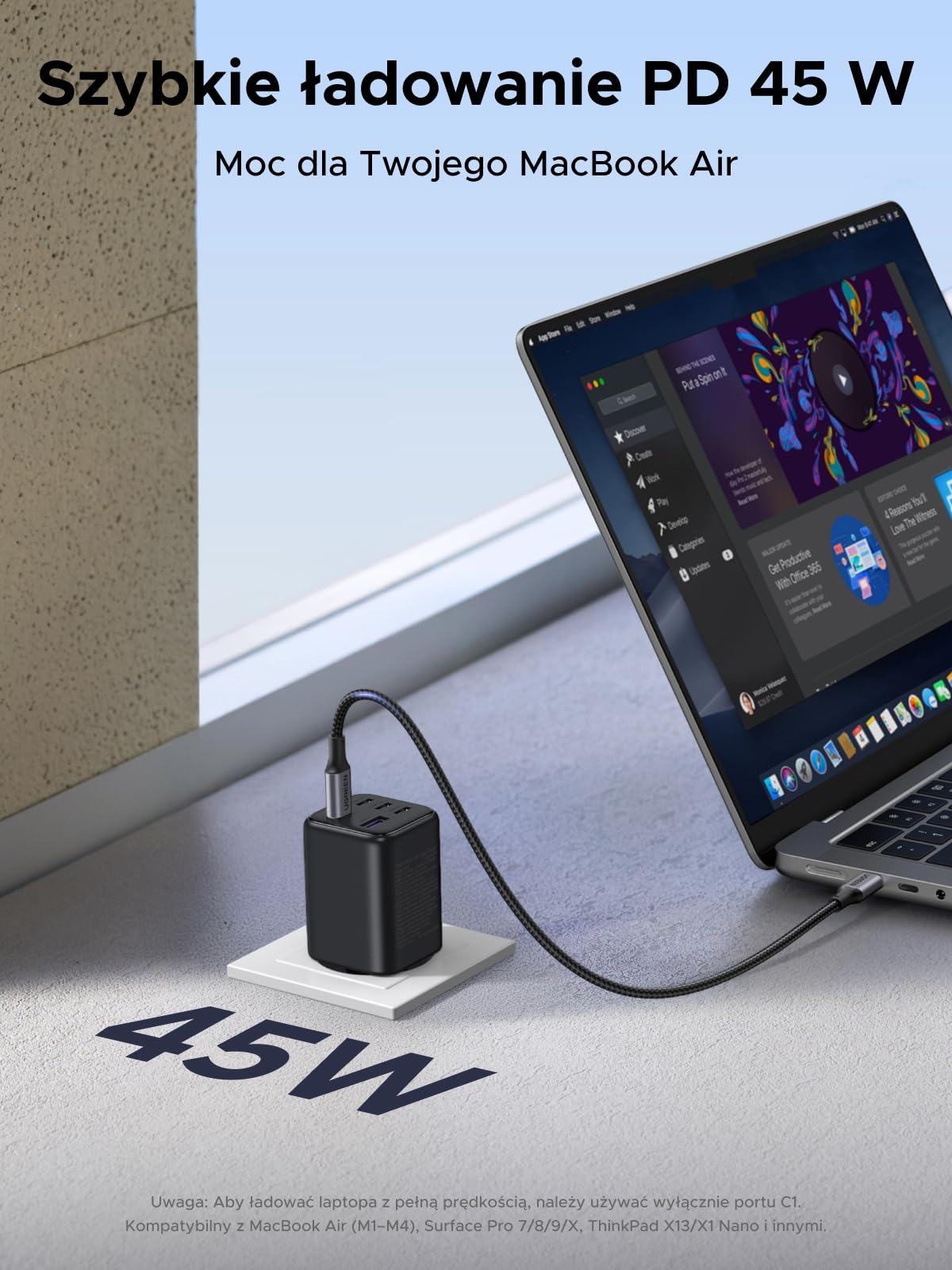 UGREEN Ładowarka USB C 45 W 5-portowa szybka ładowarka GaN Zasilacz PPS Adapter ładowarki PD Kompatybilna z Galaxy S25 Ultra, S24, iPhone 17 Pro Max, MacBook Air, iPad, Tab A8, Pixel 9