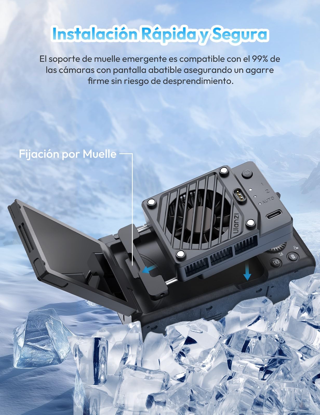 ULANZI CU01 Ventilador de Refrigeración para Cámara con Batería de 3300 mAh y Carga de Type-C, Sistema de Refrigeración para Cámara Sony/Canon/Fujifilm/Nikon