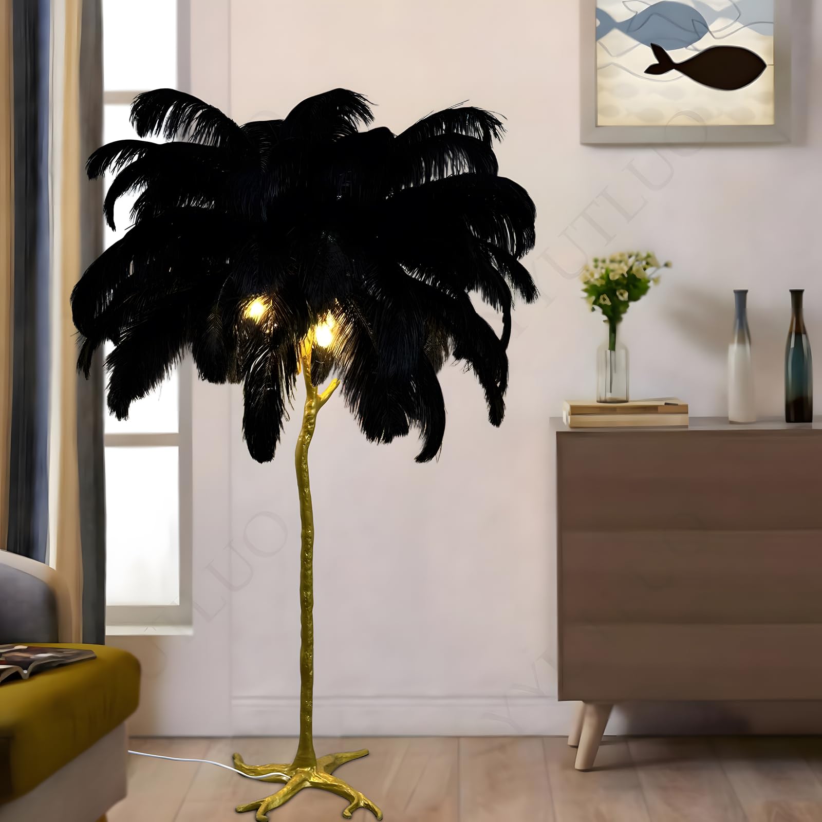 YYUTLUO Black Feather Floor Lamp, Gold Resin Art Body + Natural Ostrich Feather + Metal Base, 3 Color Temperatures E14 LED Bulbs * 3, Living Room Dining Activity Children's Bedroom Office (H120*Ø75cm)