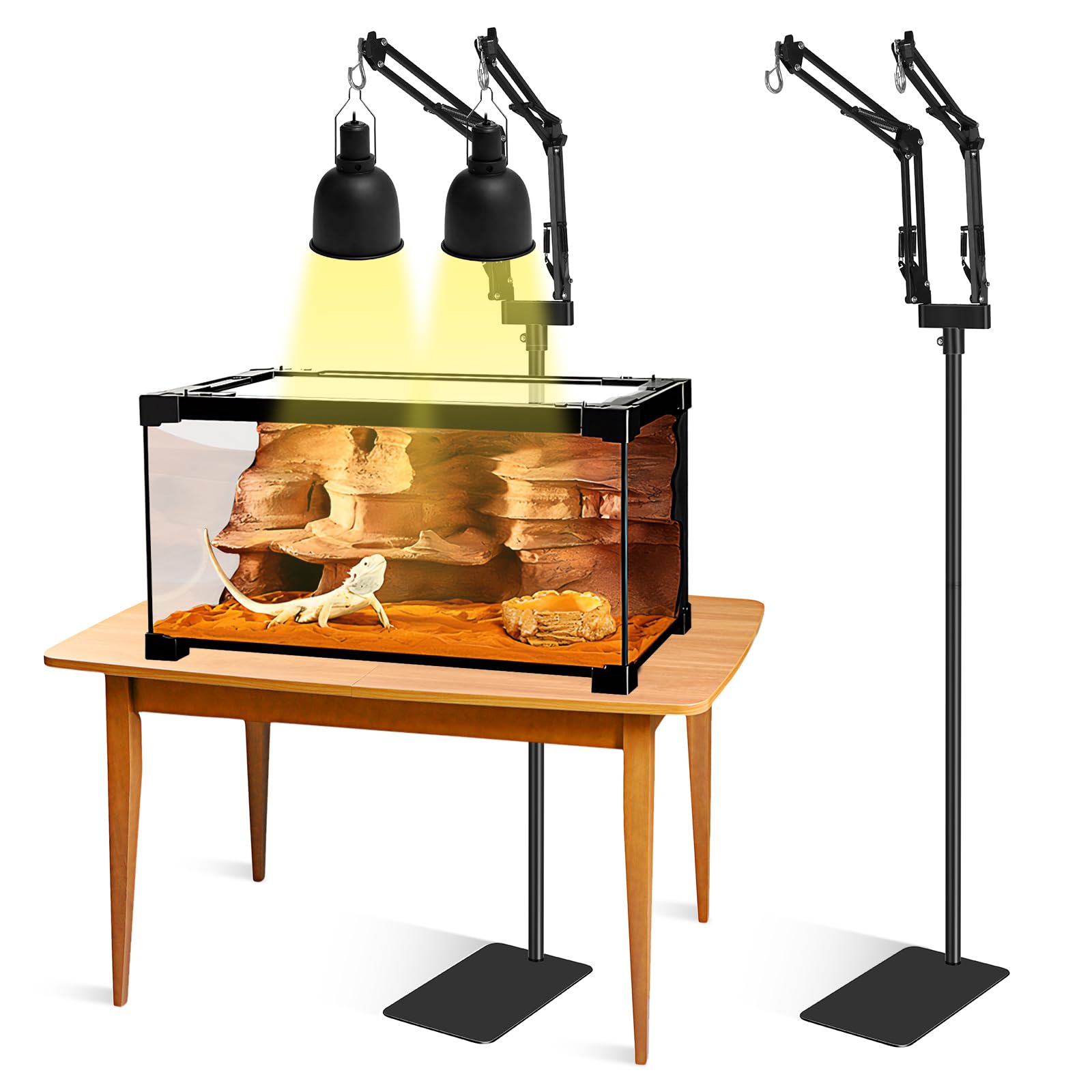 BOURDSERK - Double Reptile Lamp Holder - Height adjustable (15.7" to 74"), metal light holder with 2 360° adjustable arms for hanging heat lamps in tank and terrarium