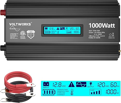 VOLTWORKS Black - Inversor de corriente de onda sinusoidal pura de 1000 vatios CC 12 V a CA 110 V-120 V 1000 W con pantalla LCD y puertos USB duales