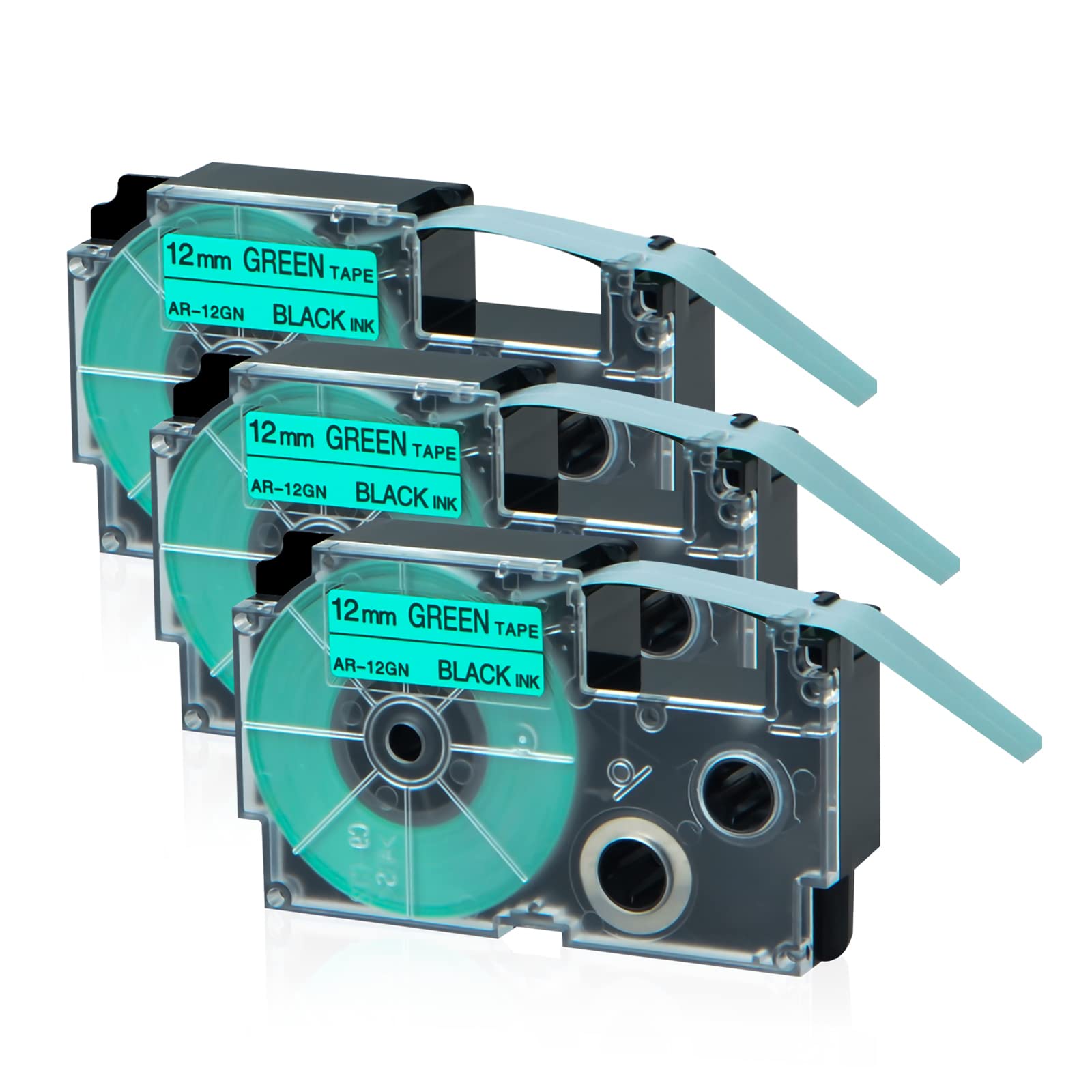 NineLeaf 3 Pack Replacement for Casio EZ XR12GN XR-12GN AR-12GN XR-12GN2S XR12GN2S 12mm 0.47'' 1/2 inch Black on Green Label Tape for KL750 KL750B KL750BA KL750KITCH KL780 KL8100 Label Maker
