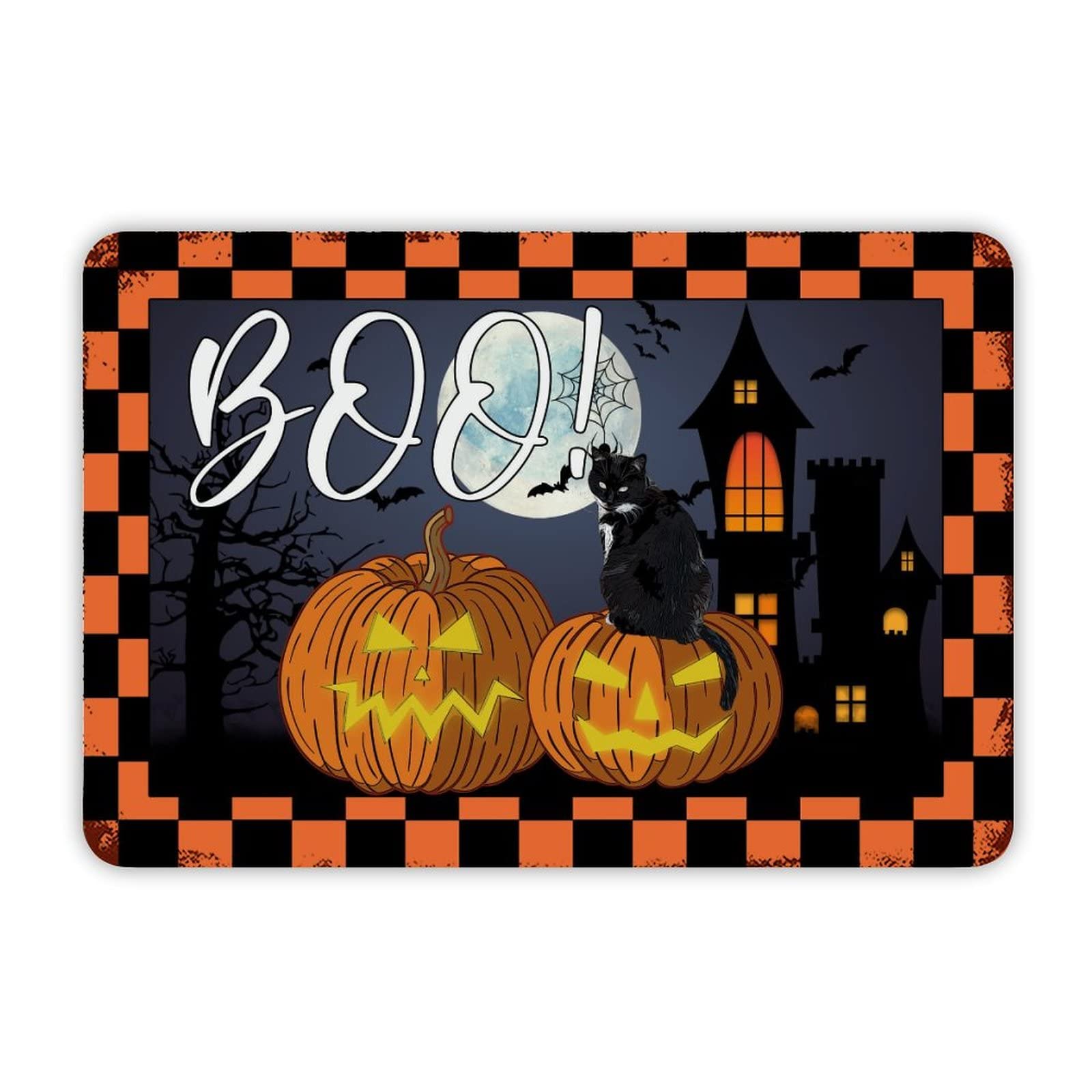ENEDNATE Farmhouse Rustic Aluminum Sign Boo Halloween Pumpkin Cute Cat Witch Hat Metal Sign Retro Aluminum Tin Sign for Kitchen Bedroom Living Room Wall Art Door Hanger Home Decor Sign 8x12 Inch