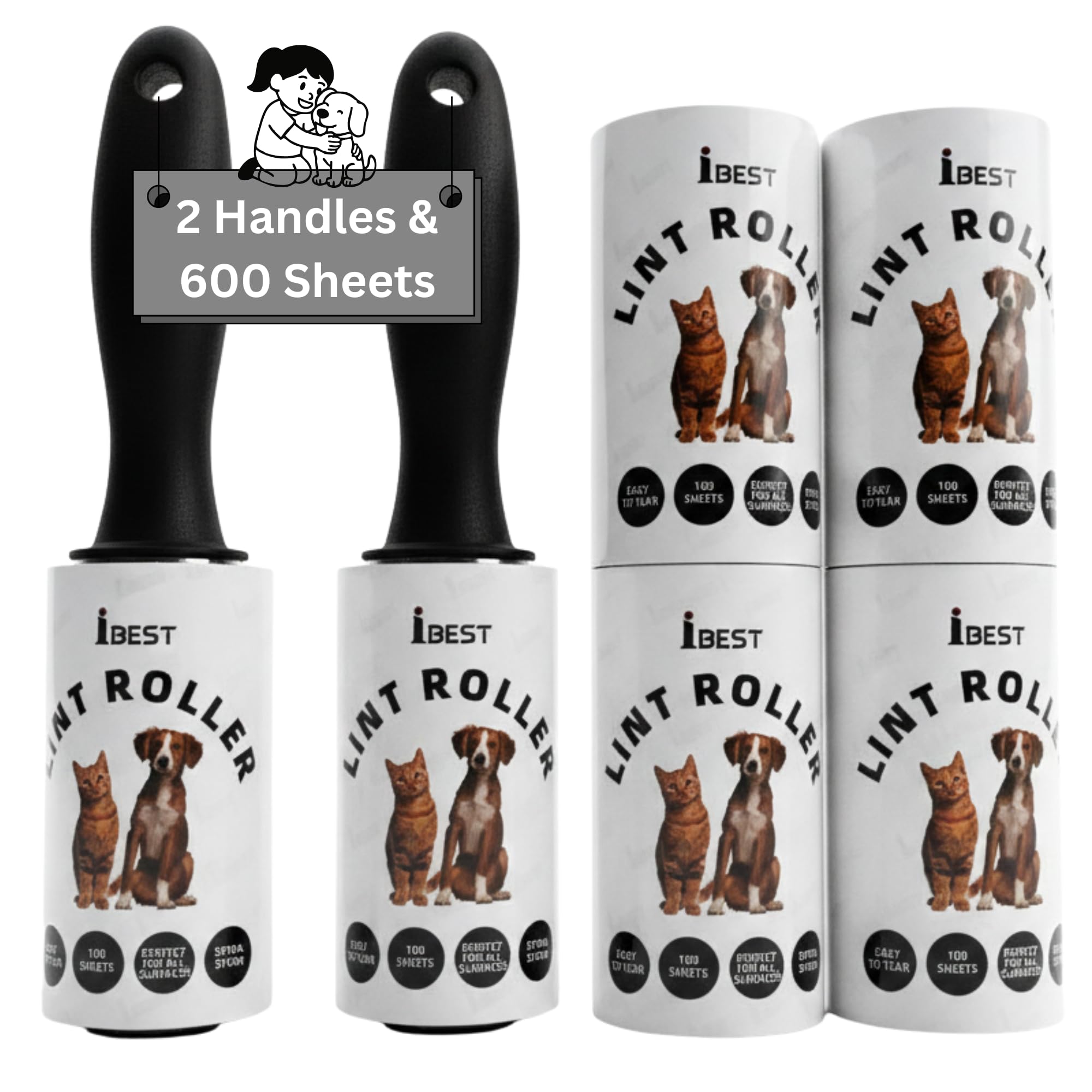 International Brands Excess Stock Trading U.k. I Best U.k Black Ibest Uk Lint Rollers For Pet Hair, Clothes, Carpet | Sticky Flint Fluff Dust Lint Remover | Pack Of 3 Reusable Refills (600 Sheets + 2 Handles)