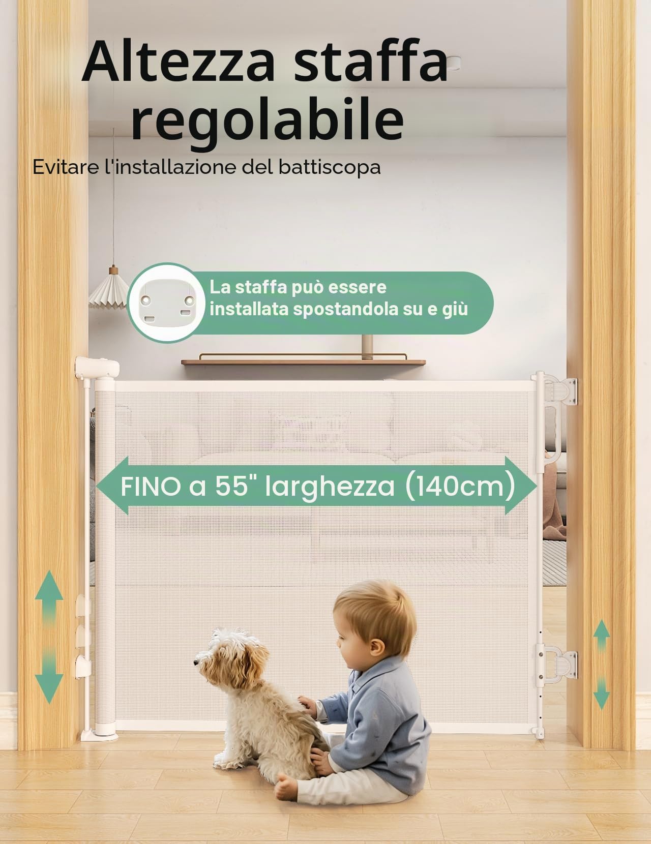 Momcozy Barriera Sicurezza, Blocco Auto, Retrattile, Bianco, 140 cm | Bambino, Scala, Cane, Una Mano, Corridoio, Cucina, Interno, Esterno