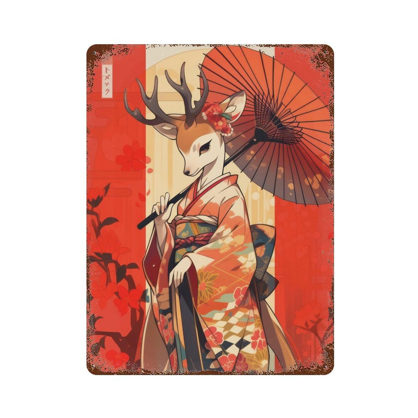 Deer Geisha with Umbrella 15.7"x11.8" Vintage Rust Metal Sign, Decorative Metal Wall Art for Living Room, Hallway And Home Decor