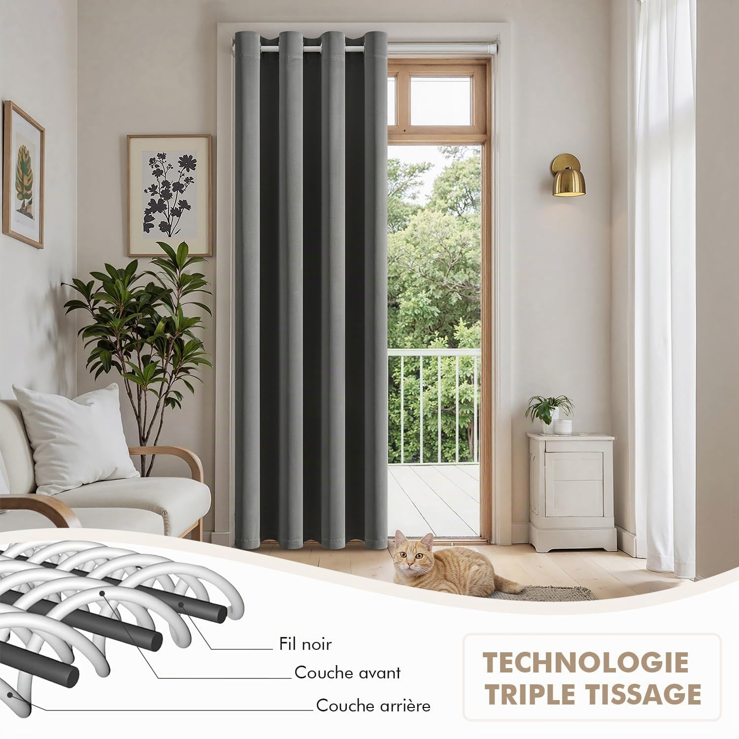 MIULEE Rideau Porte occultant Thermique œillets 1p L150 H200 Gris | Rideau de porte occultant thermique anti-chaleur à œillets, livré avec tringle extensible, déco moderne salon chambre