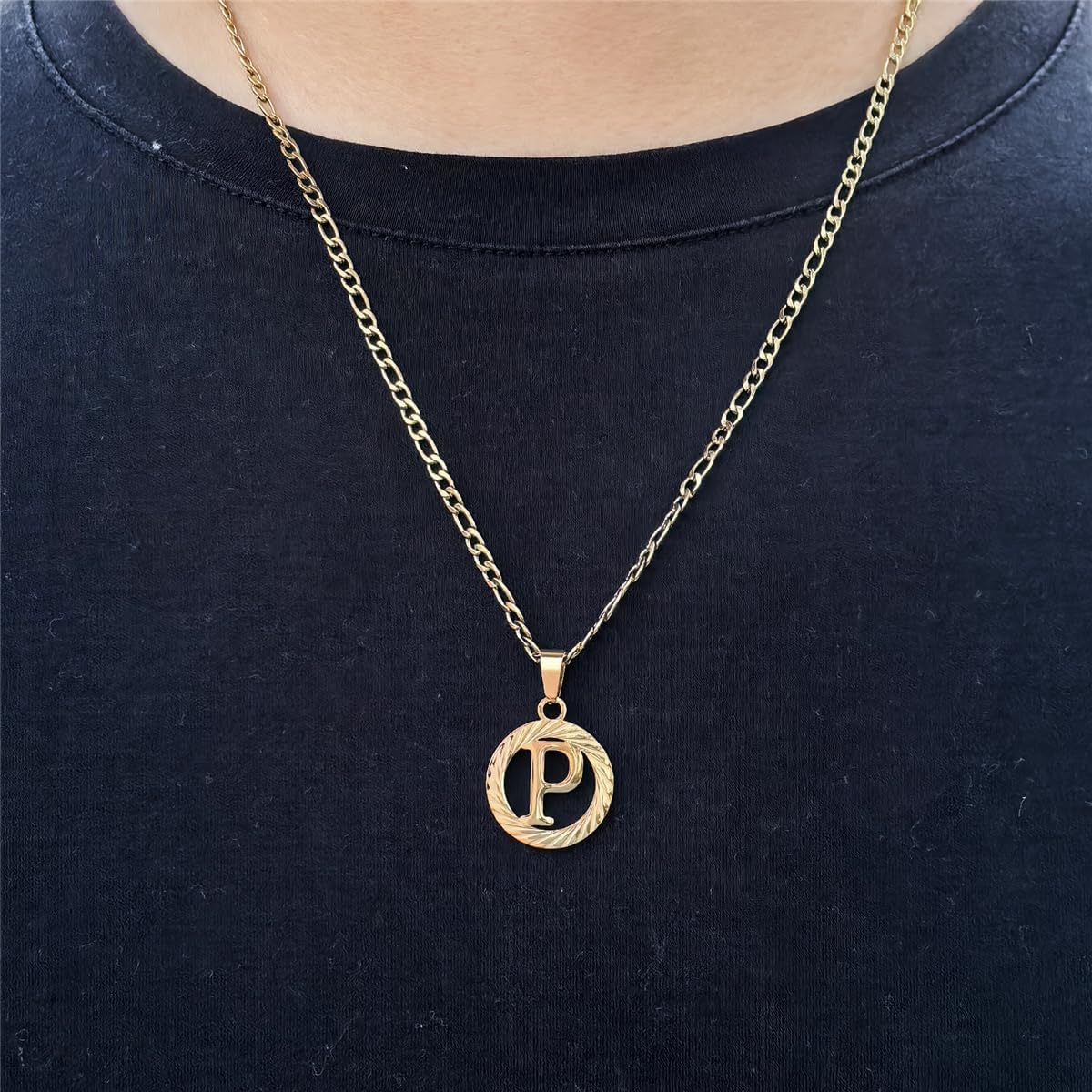 Gold Initial Necklace for Women Men 14K Gold Silver Tone Round Letters Figaro Chain Necklaces, Capital Monogram Alphabets from A-Z- - Image 4