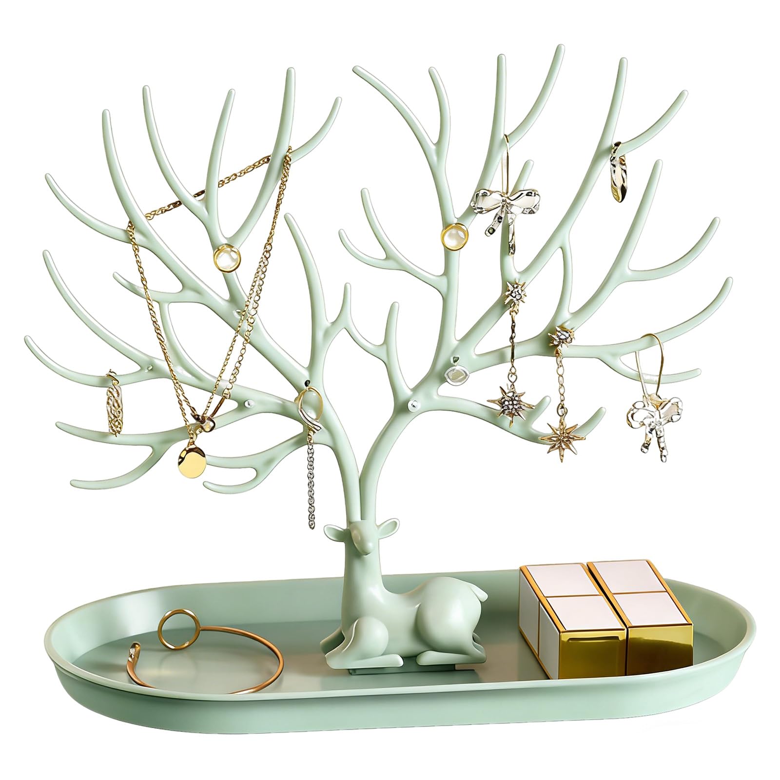 Rthynti Antlers Jewelry Stand, Jewellery Tree Hanging Organizer, Plastic Ornamental Necklace Holder for Earrings Bracelets and Ring, Green