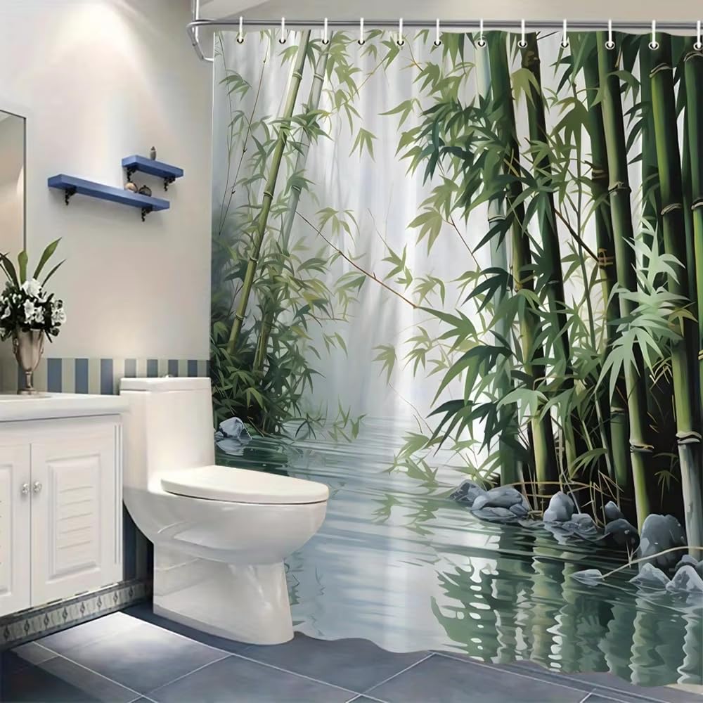 Generico Tenda Doccia con Motivo Foresta di Bambù, per Un Tocco Fresco e Naturale Al Tuo Bagno. Antimuffa, Resistente Alla Muffa, 100% Poliestere, Verde. 180 Cm X 200 Cm (1 Pannello).