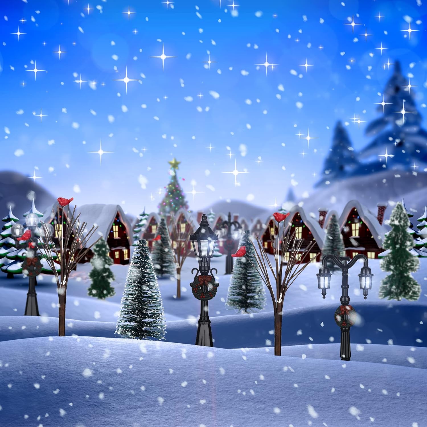 14 Pcs Christmas Accessories Village Figurine Miniature Pine Trees Snow Artificial Christmas Trees Bare Branch Tree Street Lamps for Xmas DIY Crafts Winter Room Landscape(Fresh Style) - Image 4