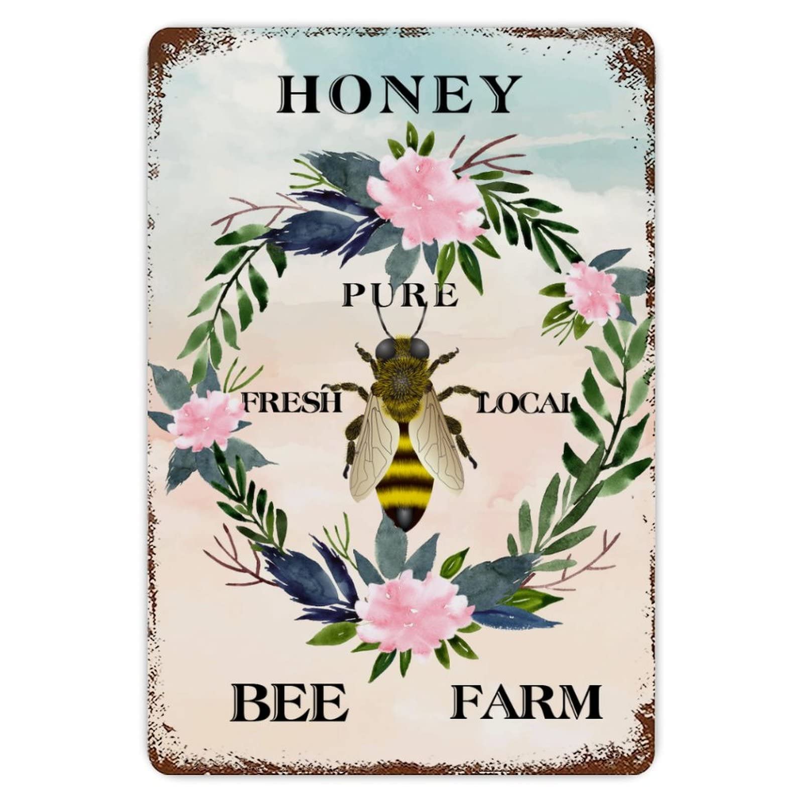 ENEDNATE Bee Farm Honey Flower Wreath Vintage Metal Tin Sign 8x12 inch Aluminum Sign for Kitchen Bars Restaurants Cafes Pubs Wall Decor
