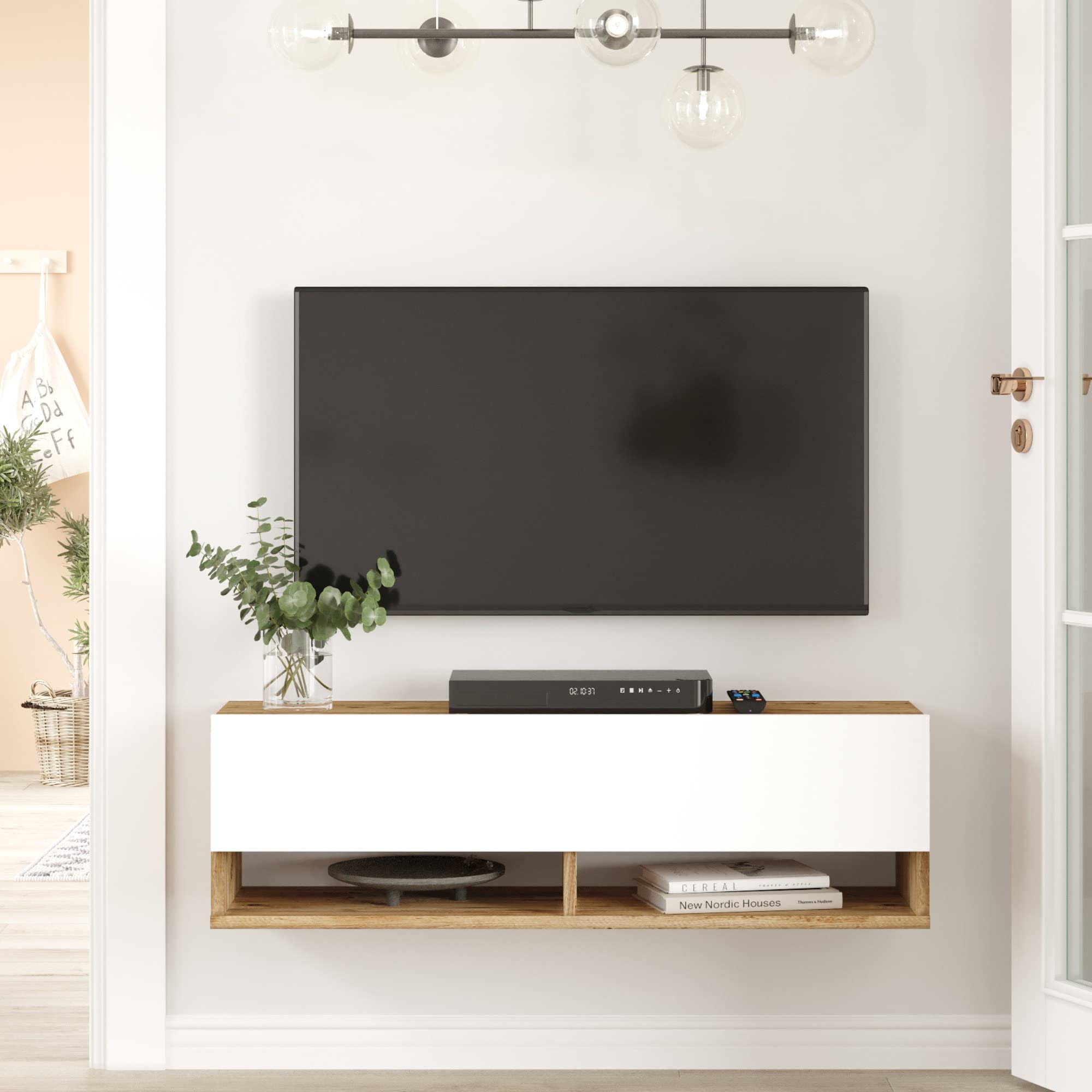 [en.casa] Consolle da Parete (AxLxP) 29,5 x 100 x 31,5 cm con Anta e Scomparti Armadio a Muro con Apertura a Ribalta Mobile Porta TV - Rovere Rustico/Bianco