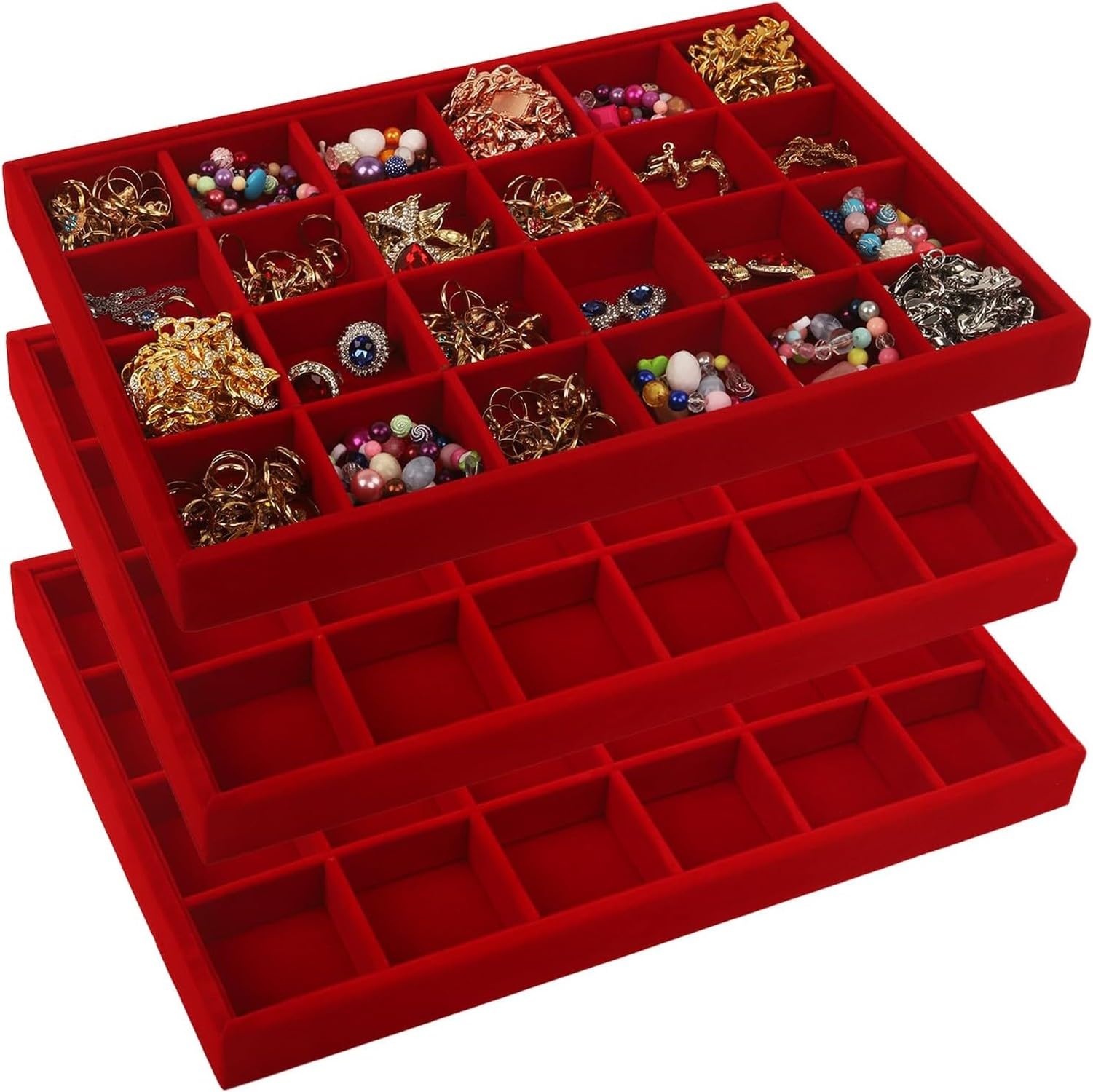 KGAIXN Organiser Box for Rings And Earrings, Folding 24 Grids Remove Lid Drawer Dust Protection Jewelry Case With 3 Stackable Travelling Trays and Soft Velvet Surface, Red