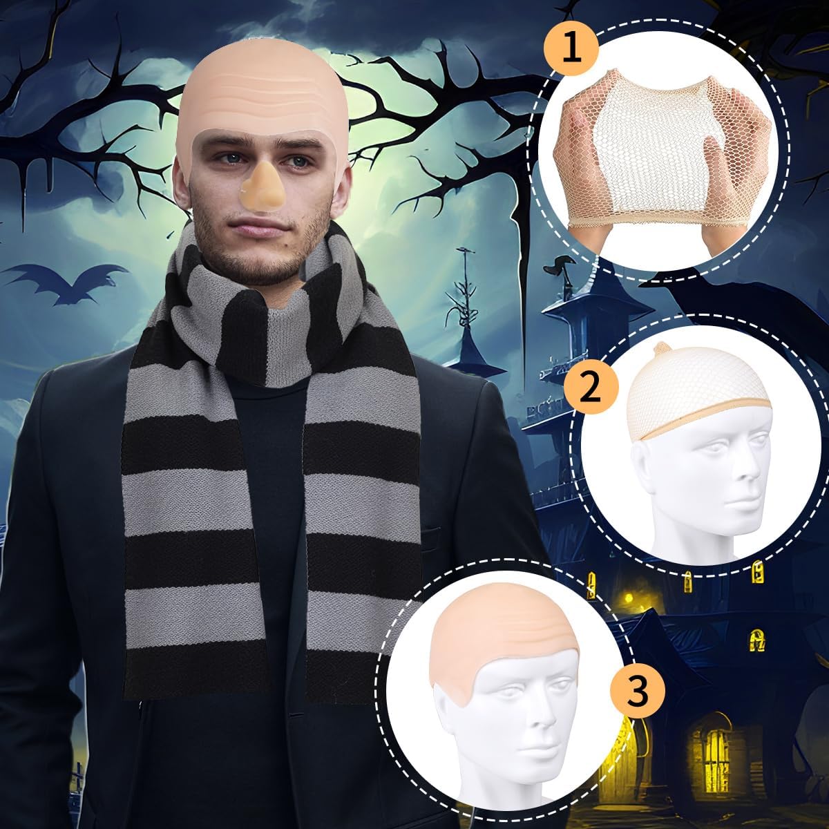 MOVINPE Gru Costume Accessories for Mens Halloween Supervillain Cosplay Party Set Gray Black Striped Scarf Fake Nose Latex Bald Head Wig Cap Classic Character Halloween Dress Up Kit