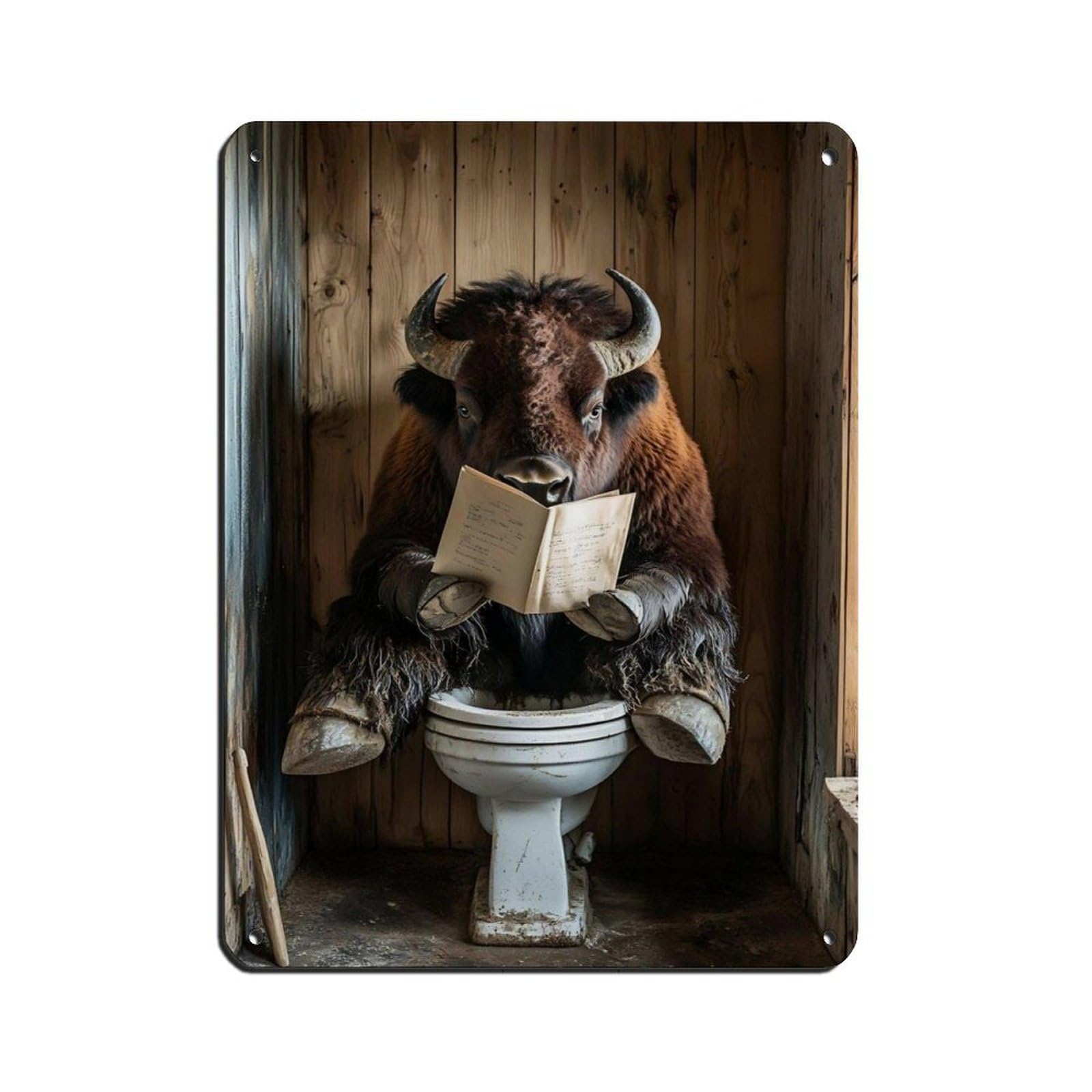 Buffalo Reading on Toilet Tin Sign Vintage Metal Pub Club Cafe Bar Home Wall Art Decoration Poster Retro 12x16inch(30x40cm)