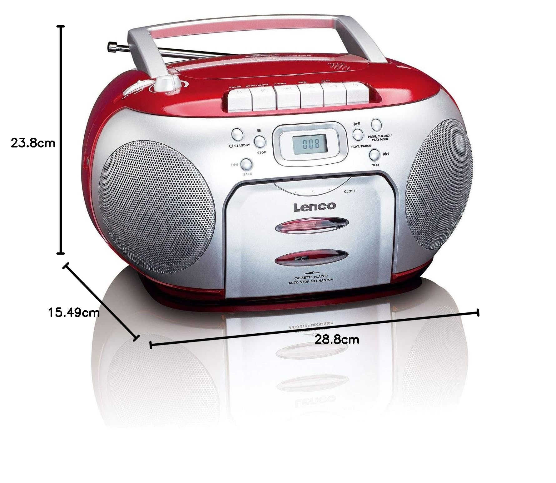 Lenco SCD-420RD Tragbares UKW-Radio mit Toplader CD-Spieler und Kassettendeck, LCD Display, Wiederholungsfunktion, Auto-Stopp, Kopfhöreranschluss