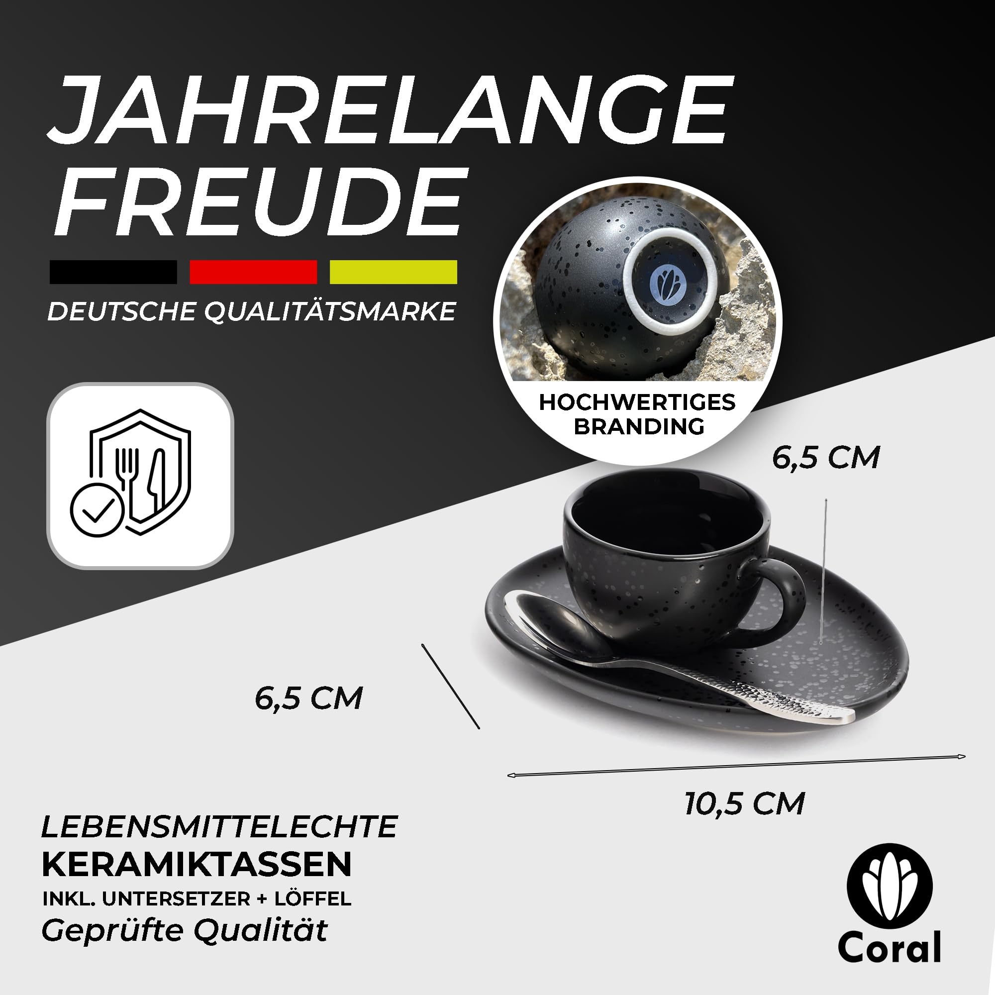 Coral - 4 tazas de espresso de 90 ml con asa, platillos y cucharas (juego) de cerámica negra - 4 tazas de café con platillo de pared gruesa - tazas de café (90 ml)