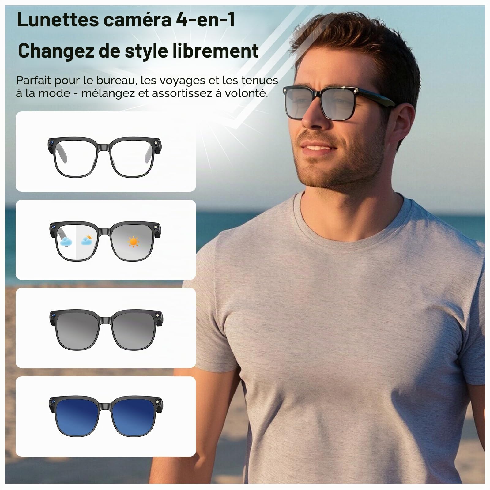 Lunettes AI Smart Camera - Vidéo HD 1080p, Photo, Traduction vocale : avec Verres de Protection Solaire/lumière Bleue interchangeables, Utilisation en extérieur, randonnées à vélo, randonnée