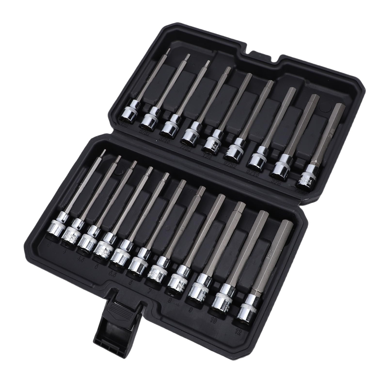 Sxhlseller Zestaw Bardzo Długich Nasadek Sześciokątnych z Napędem 3/8 Cala, 20 Sztuk, Metrycznych 3-12 Mm Zestaw Nasadek Sześciokątnych 1/8-7/16 Cali SAE do Naprawy Maszyn, Stal Stopowa S2, długość