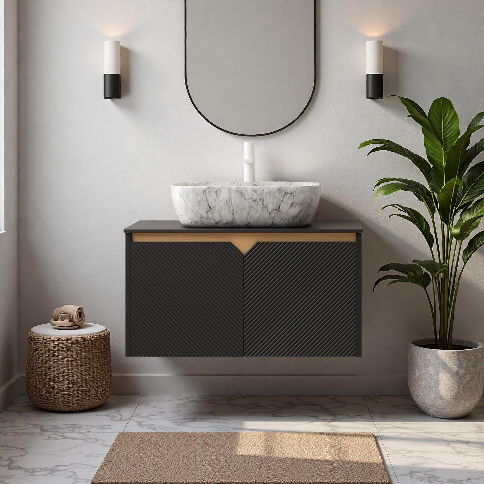 Floating Bathroom Vanity with Sink, 30" Bathroom Storage Cabinet with Sintered Stone Countertop &amp; Marble-Pattern Ceramic Basin, Modern Wall-Mounted Vanity with 2 Twill Pattern Doors, Black