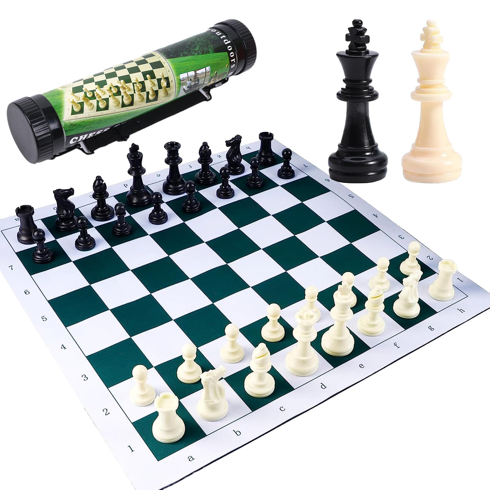 Ragyzity Portable Chess & Checkers Set, Regulation Tournament Roll-Up Staunton Chess Set with Plastic Tube Roll, 2 in 1 Travel Board Games for Adults, Folding Roll Up Chess Set Travel Chess Set(34cm)
