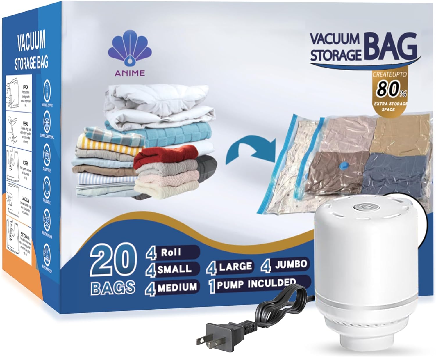 Product image of ANIME 20 Pack Vacuum Storage Bags, Space Saver Bags (4 Jumbo/4 Large/4 Medium/4 Small/4 Roll) Compression Storage Bags for Comforters and Blankets, Vacuum Sealer Bags for Clothes, With Electric Pump.