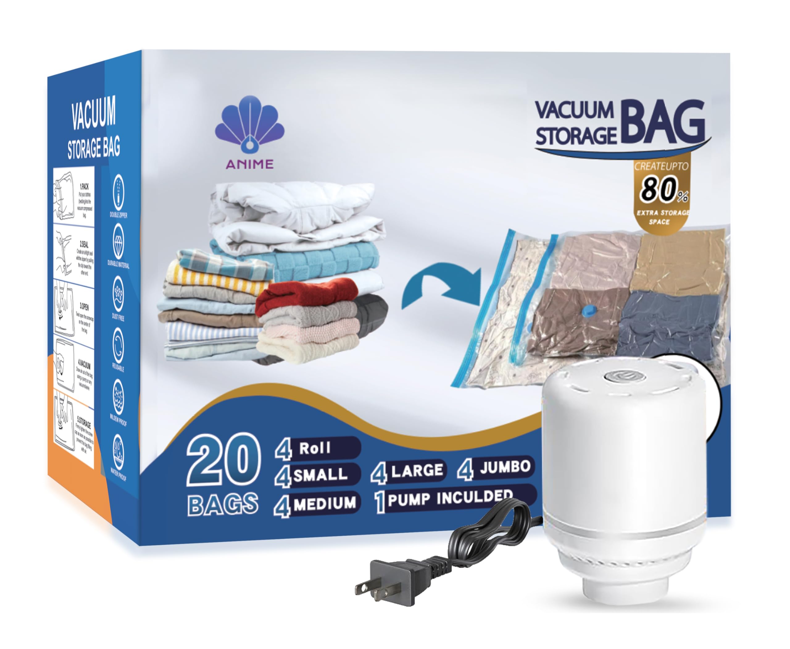 ANIME [Canadian Brand] 20 Pack Vacuum Storage Bags, Space Saver Bags (4 Jumbo/4 Large/4 Medium/4 Small/4 Roll) Compression Storage Bags for Comforter, Blankets, Vacuum Sealer Bags, With Electric Pump.