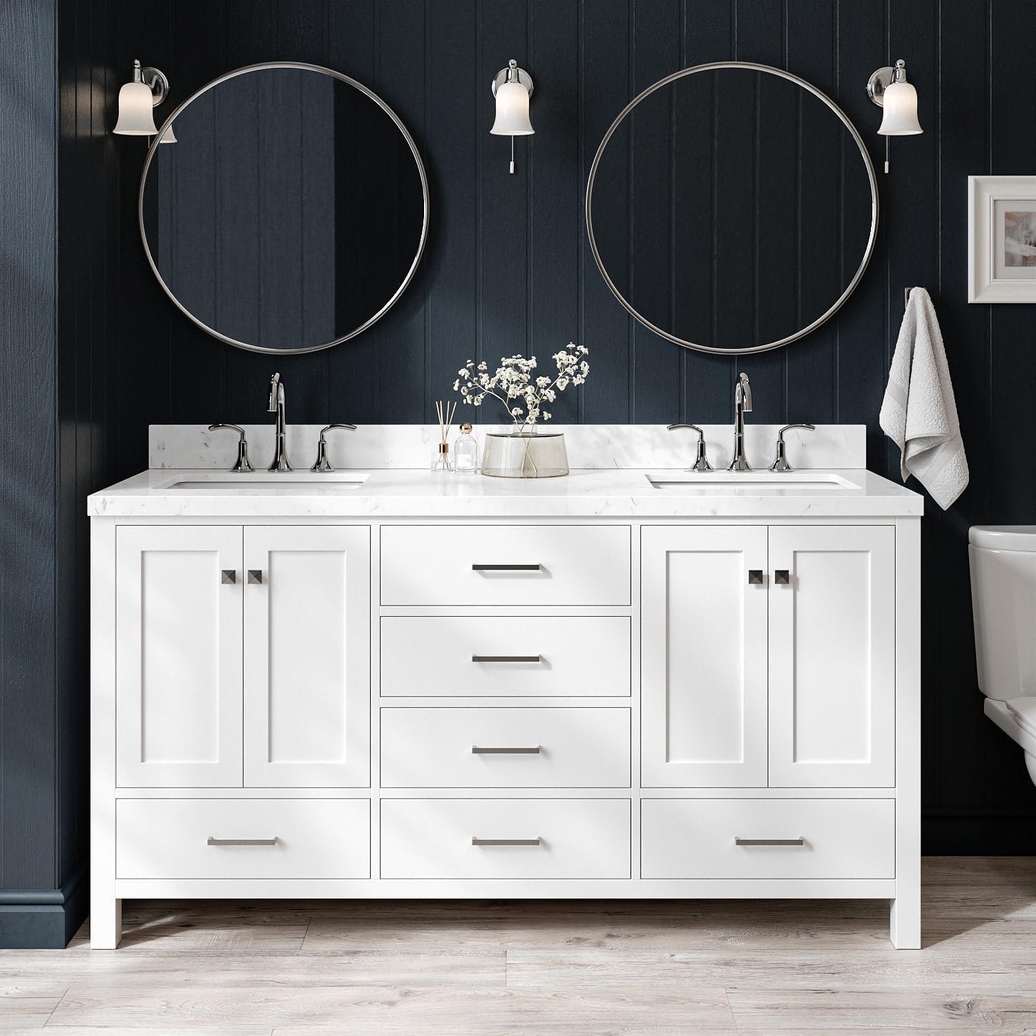 ARIEL Cambridge 66-inch Bathroom Vanity with Sink,Solid Wood, 1.5-inch Carrara White Quartz Countertop, Double Rectangular Porcelain Sink, 4 Soft Closing Doors, 6 Dovetail Drawers, White