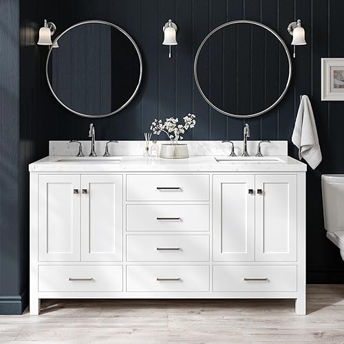 ARIEL Cambridge 66-inch Bathroom Vanity with Sink,Solid Wood, 1.5-inch Carrara White Quartz Countertop, Double Rectangular Porcelain Sink, 4 Soft Closing Doors, 6 Dovetail Drawers, White