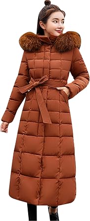 Women Solid Color Long Sleeve Coat Zipper Casual Hooded Puffer Jacket Warm Basic Long Down Coat with Faux Fur Hood